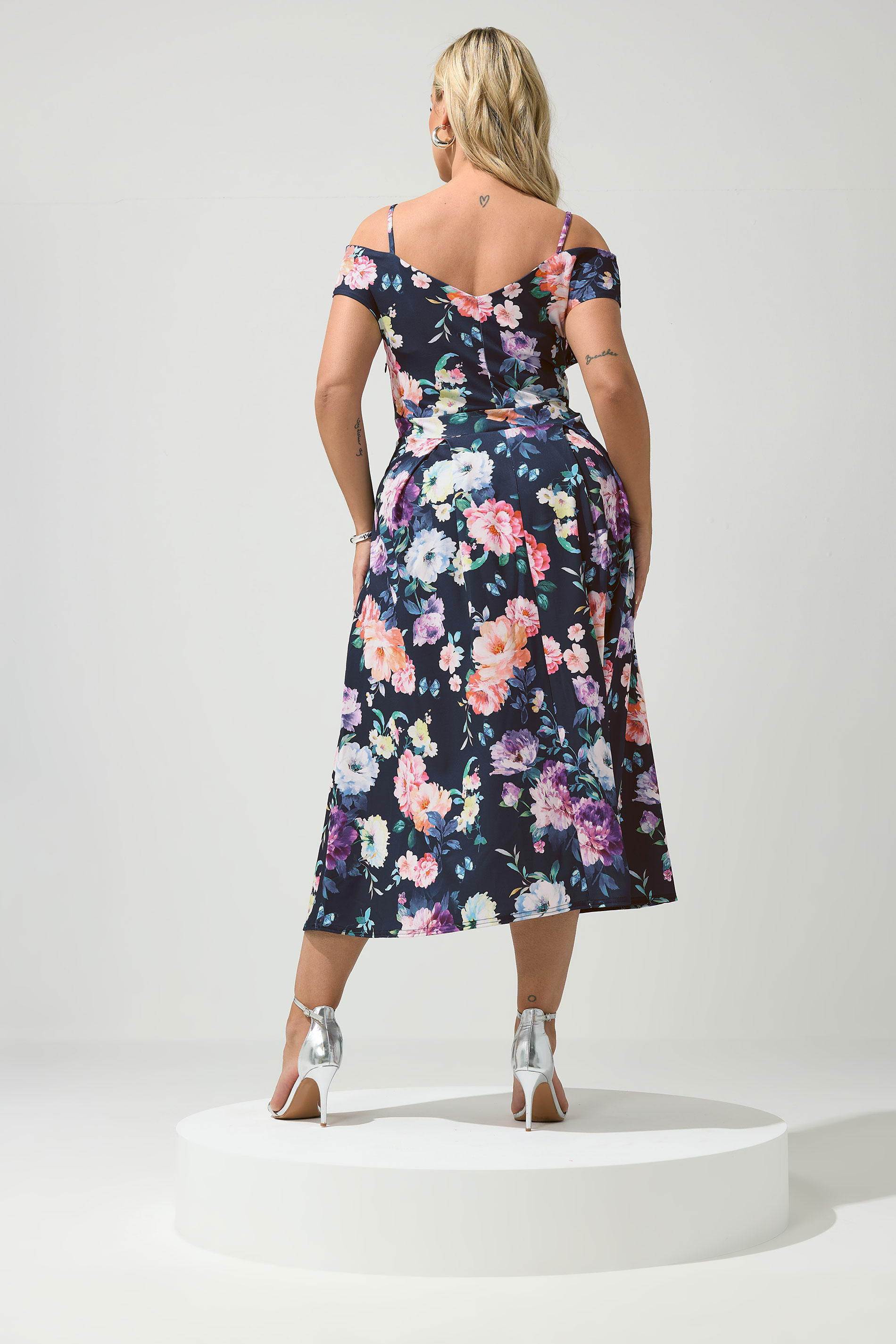 YOURS LONDON Plus Size Navy Blue Bardot Floral Skater Dress | Yours Clothing 2