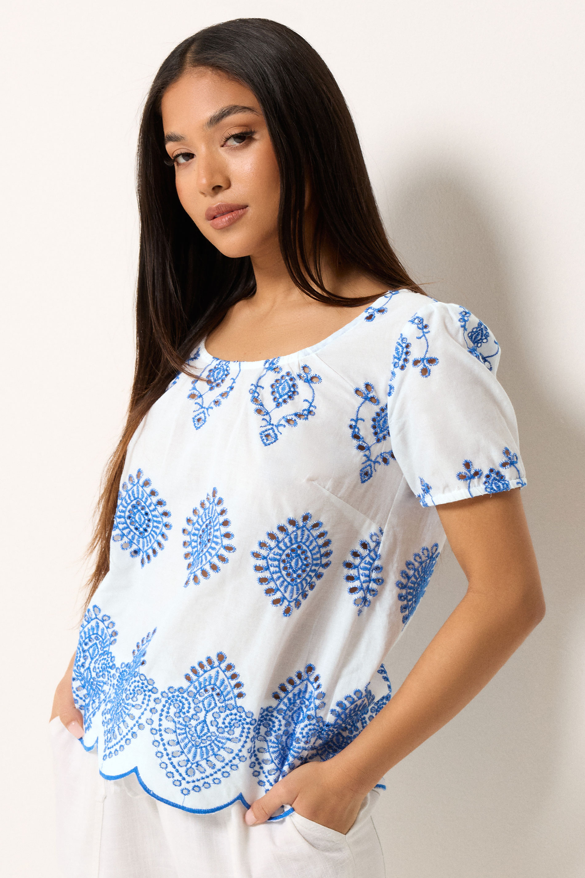 M&Co Petite White & Blue Broderie Cotton Top | M&Co 3