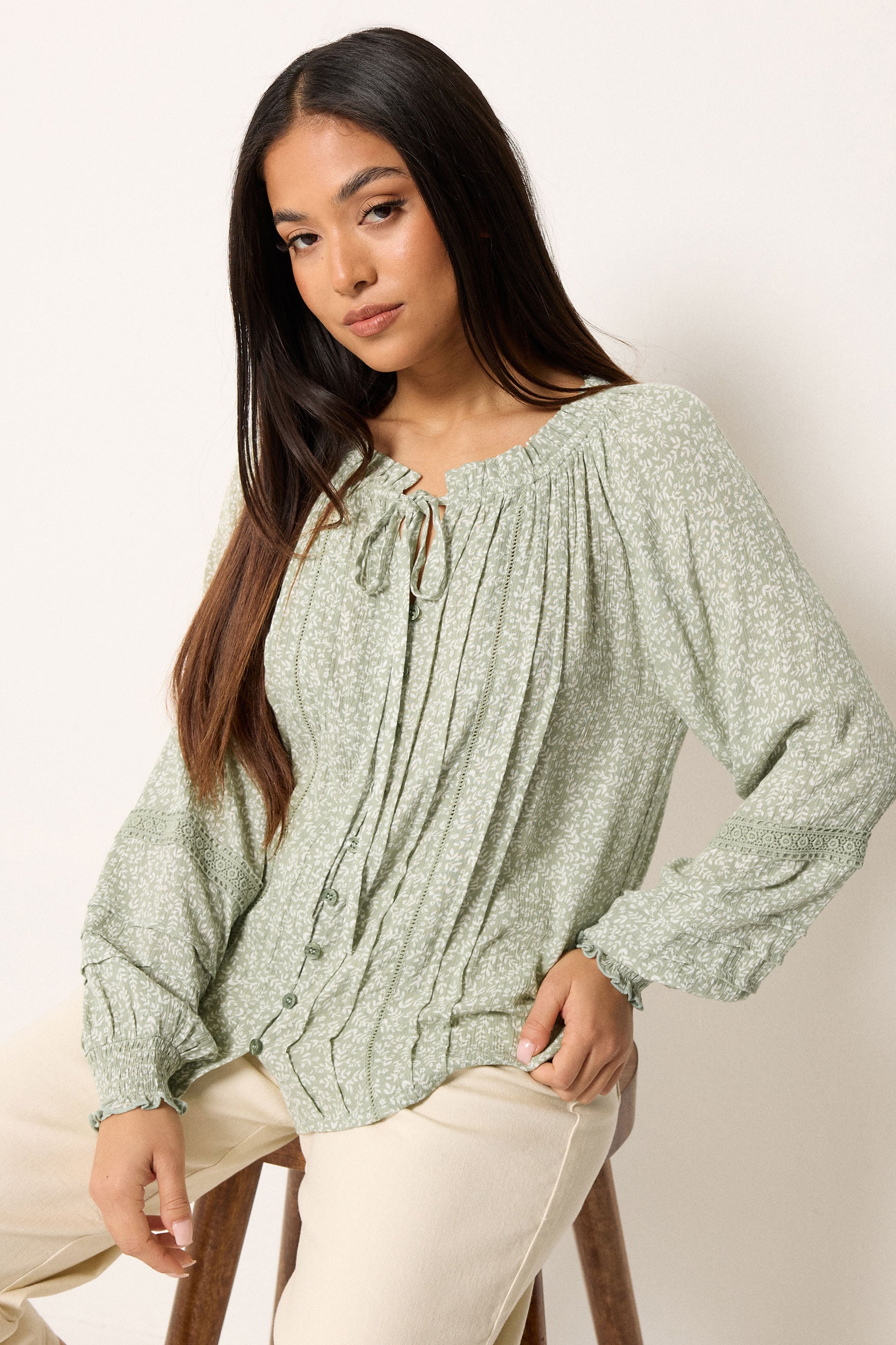 M&Co Petite Sage Green Floral Trim Detail Tie Neck Blouse | M&Co 3