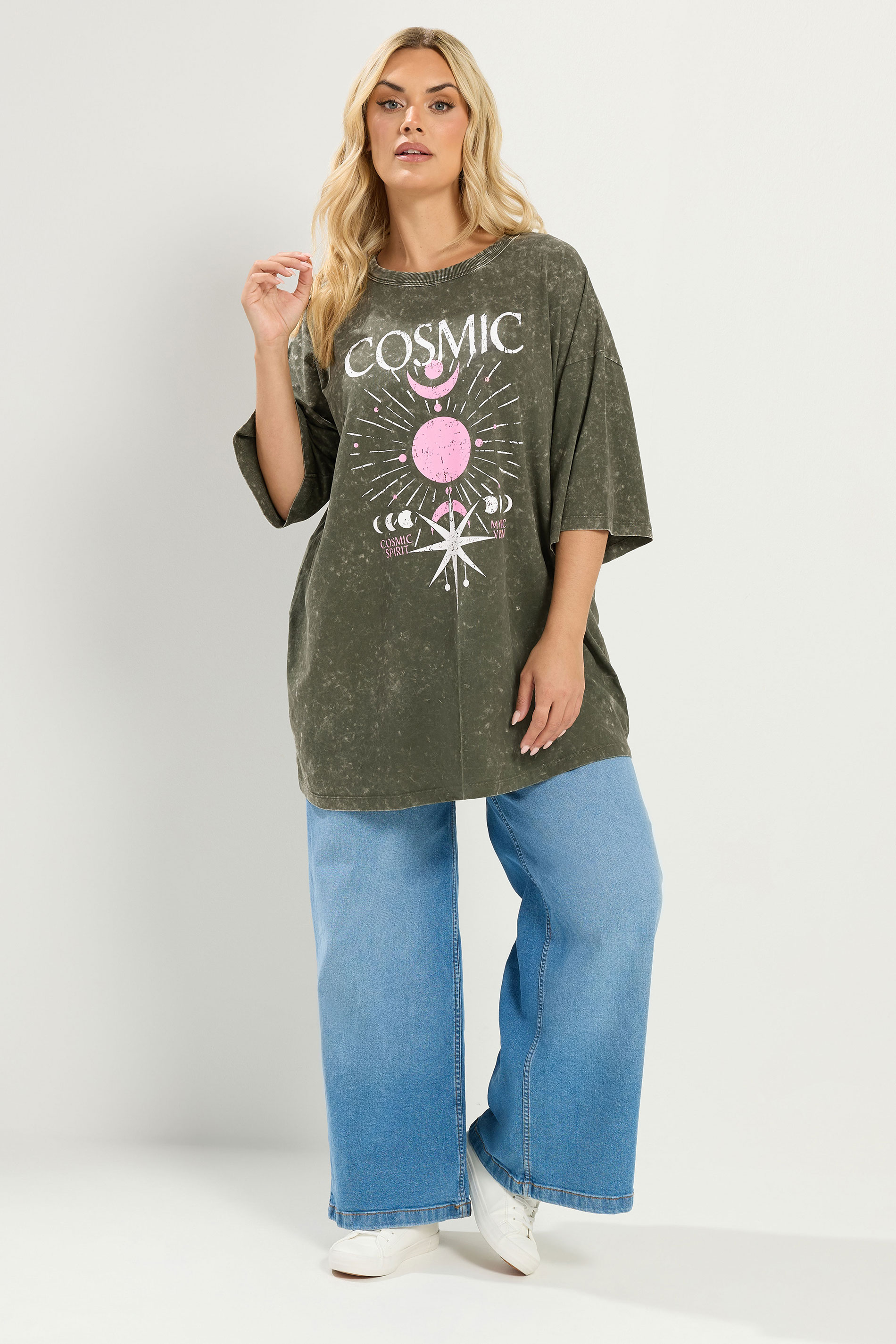 YOURS Plus Size Green Acid Wash 'Cosmic' Oversized T-Shirt | Yours
