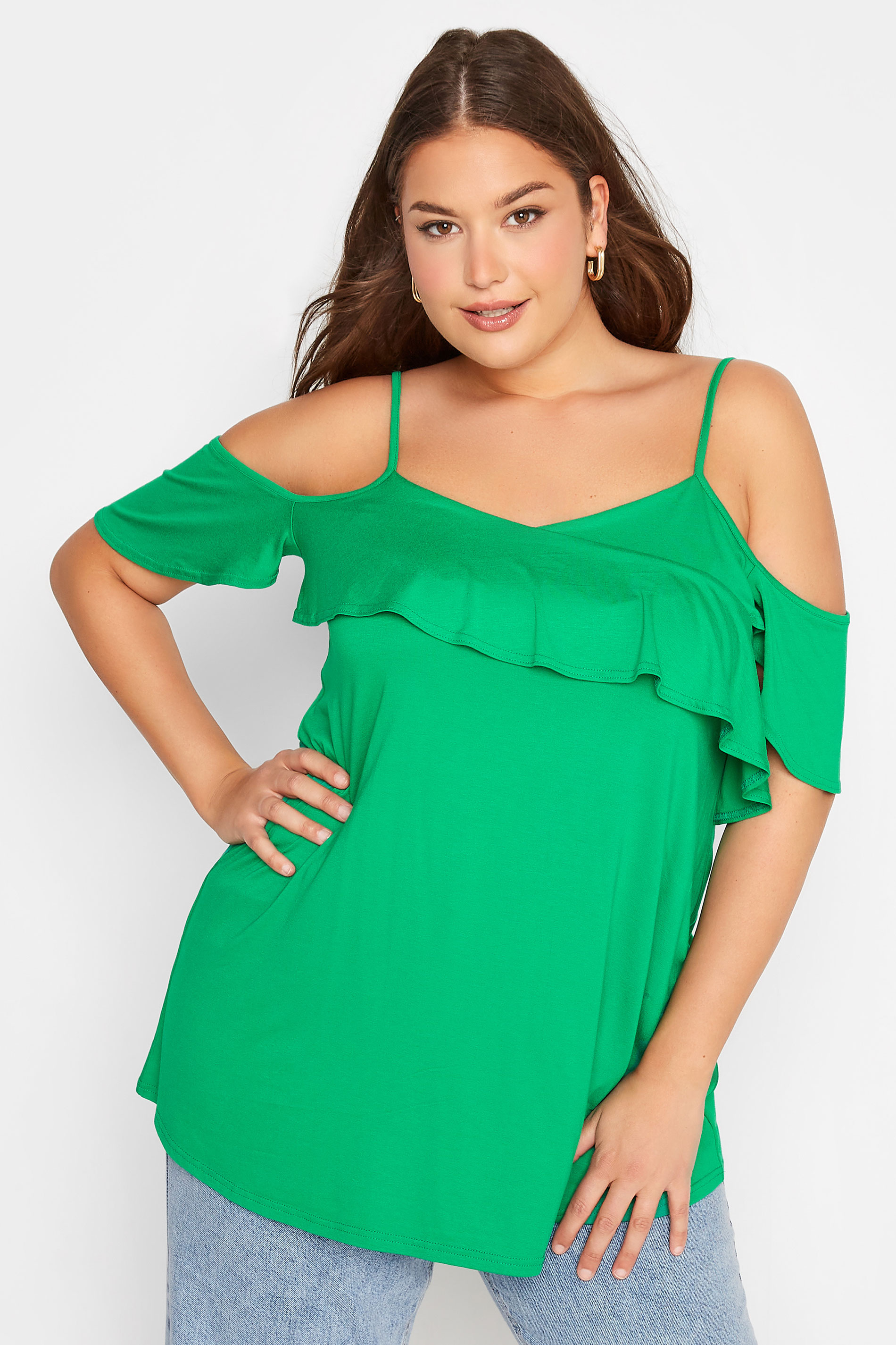 Plus Size Apple Green Frill Cold Shoulder Top | Yours Clothing 1