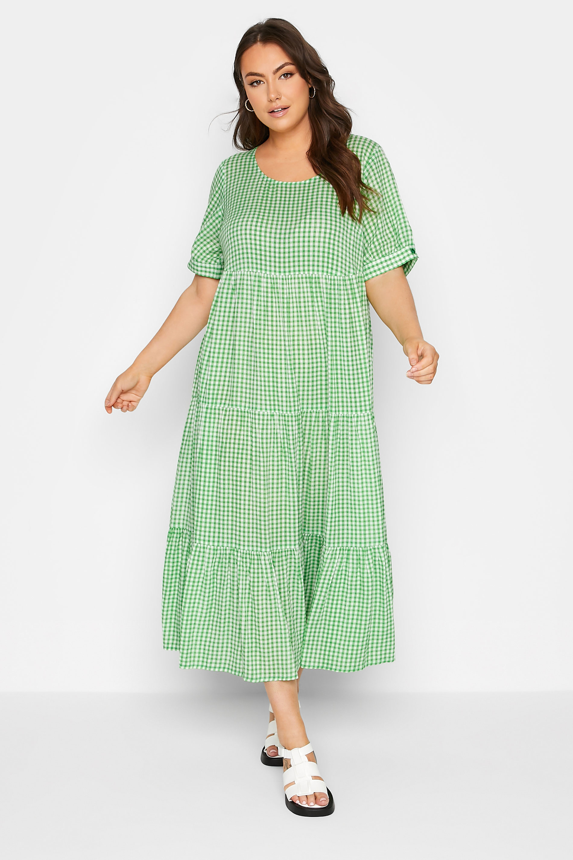 LIMITED COLLECTION Plus Size Green Gingham Tiered Smock Dress | Yours Clothing 1
