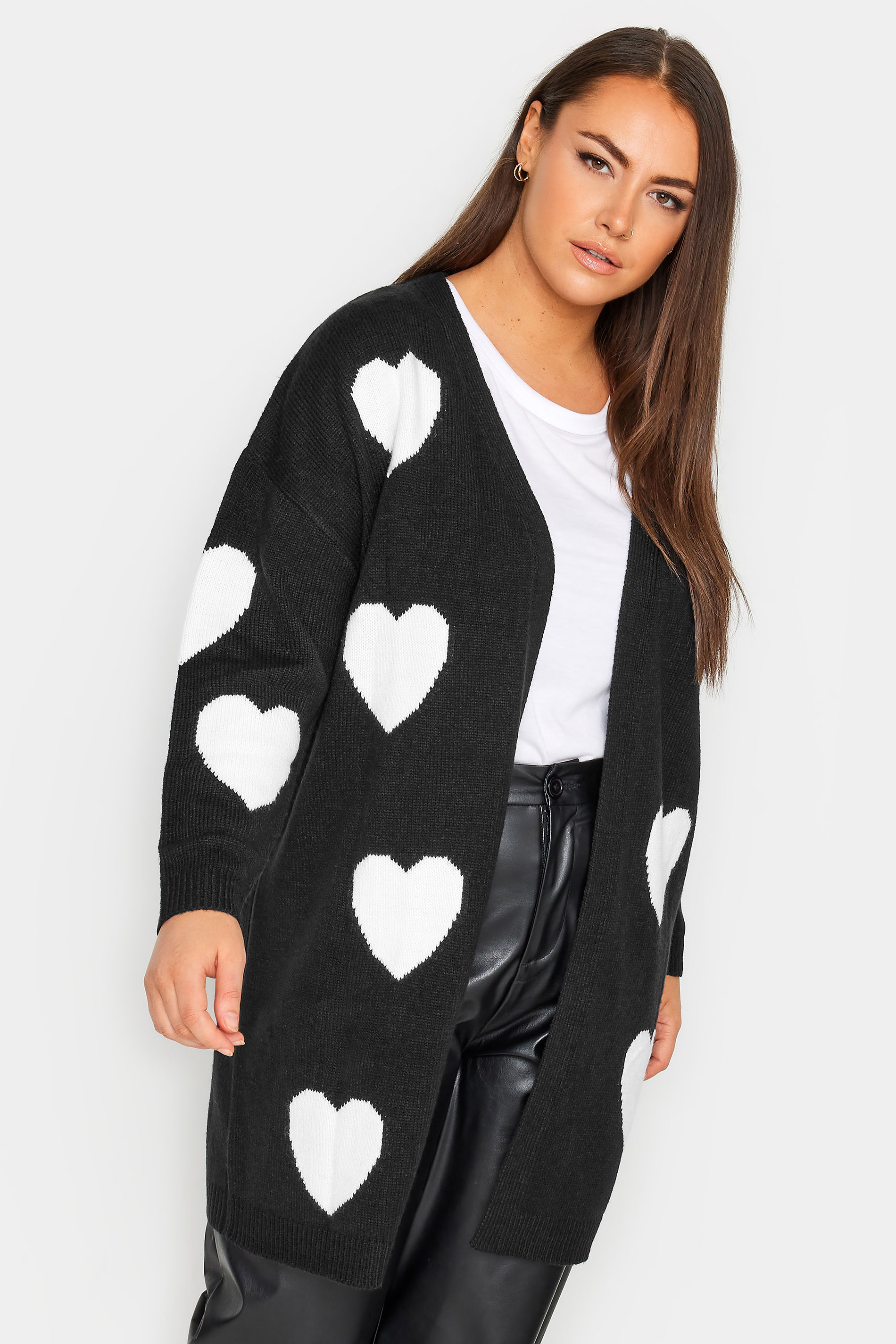 YOURS Plus Size Black Heart Print Longline Cardigan | Yours Clothing 1