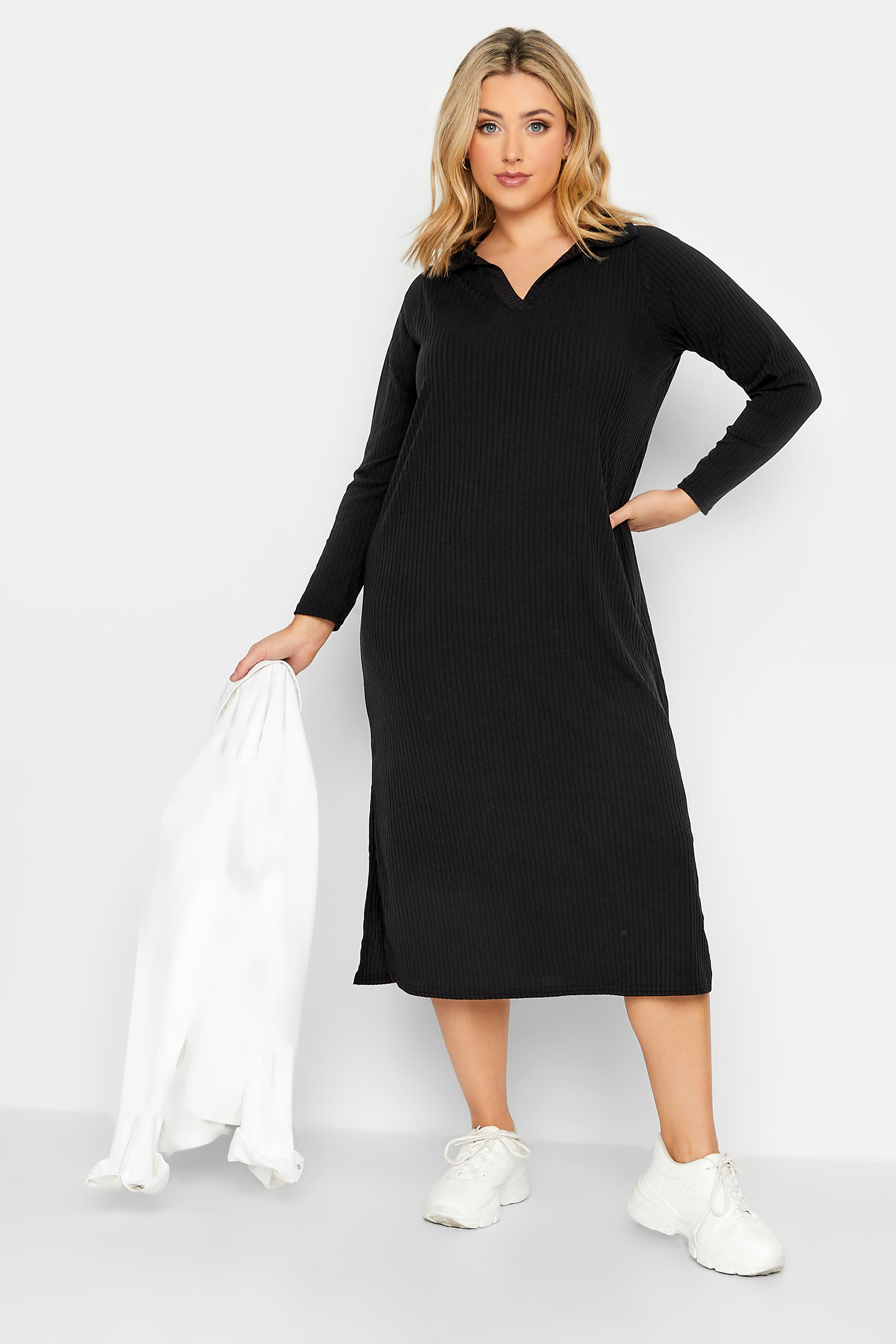 Curve Plus Size Black Ribbed Spilt Sides Midi Dress | Yours Clothing 2