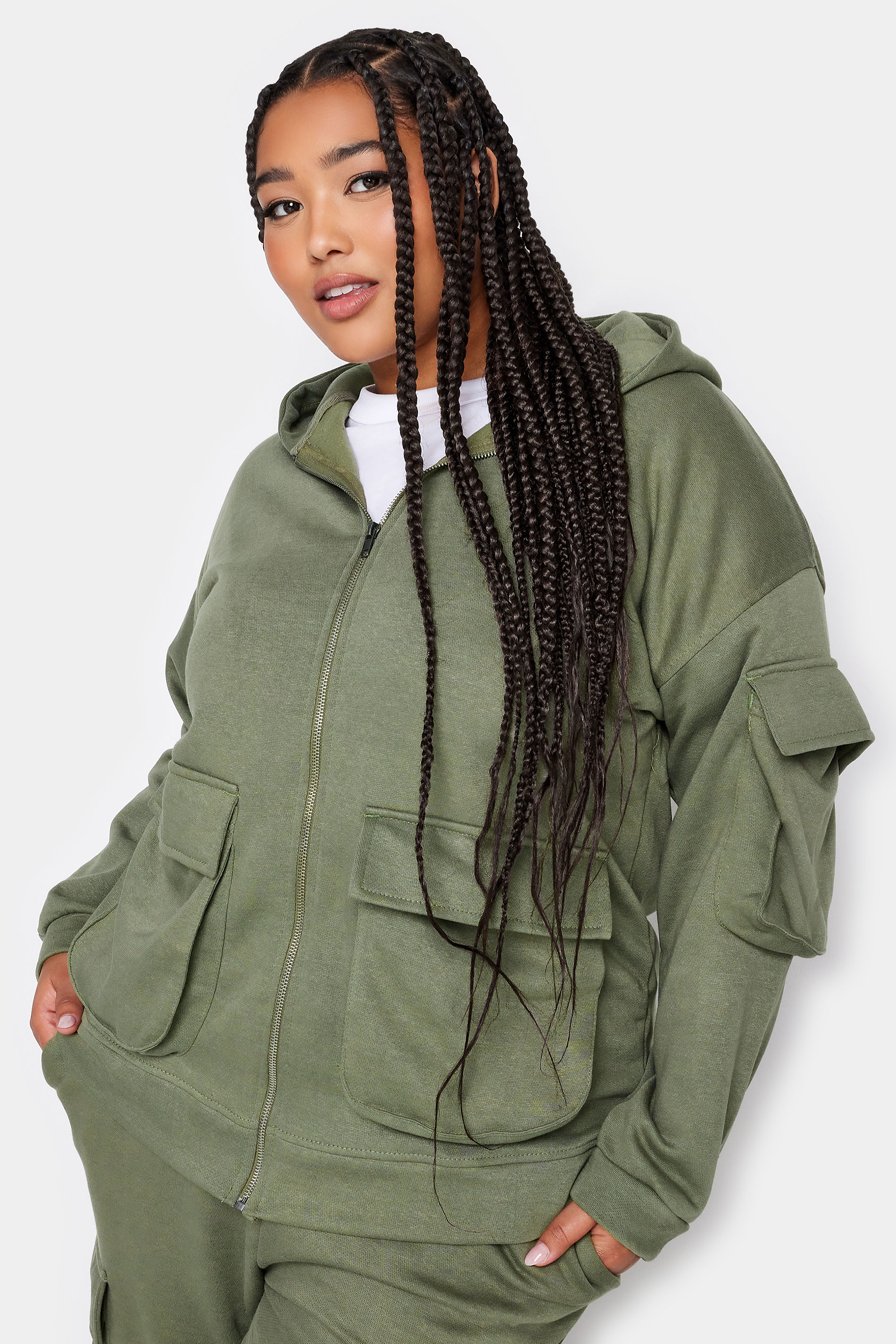 YOURS Plus Size Khaki Green Utility Pocket Zip Through Hoodie | Yours Clothing 1