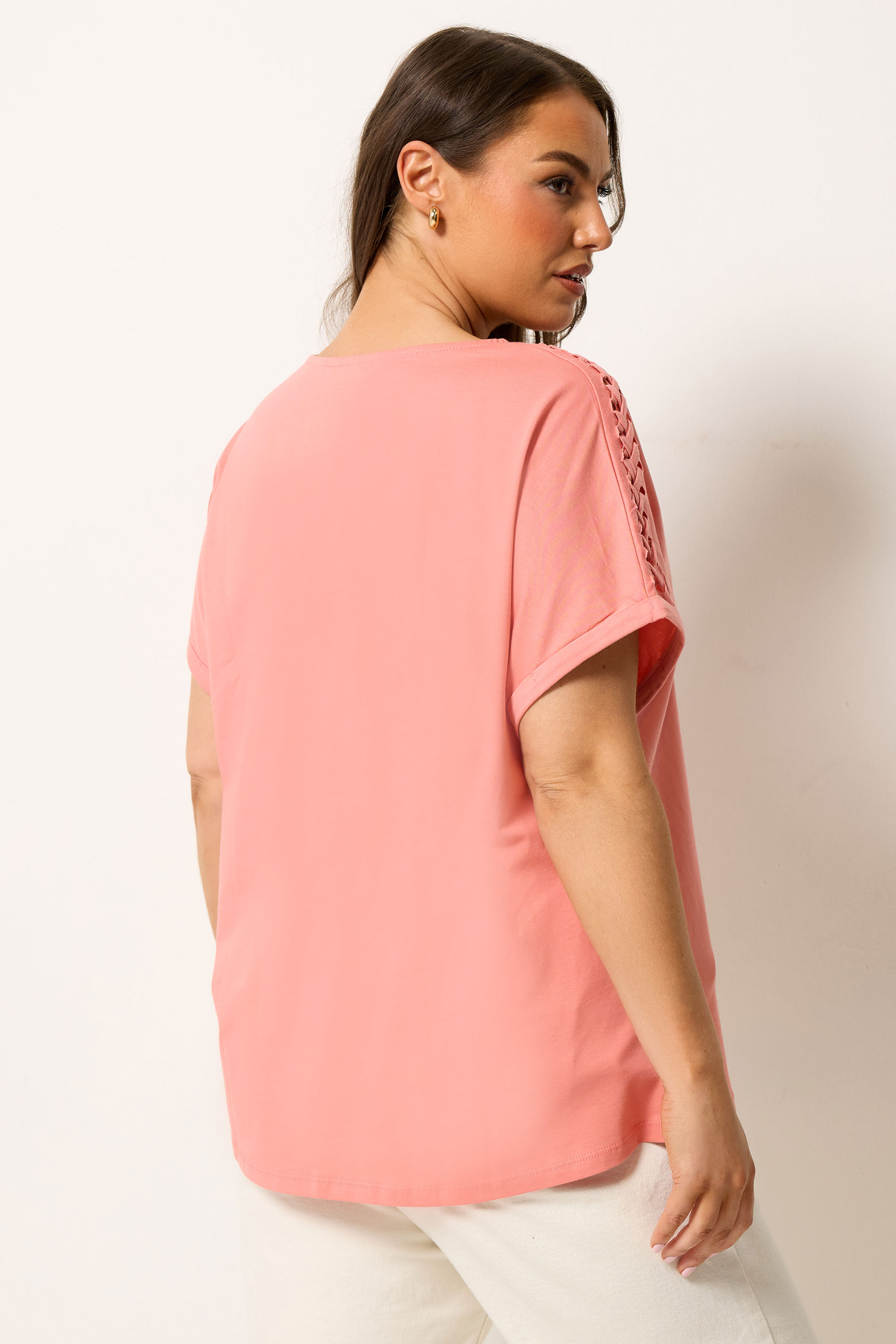 YOURS Plus Size Pink Lattice Grown On Sleeve T-Shirt | Yours Clothing 2