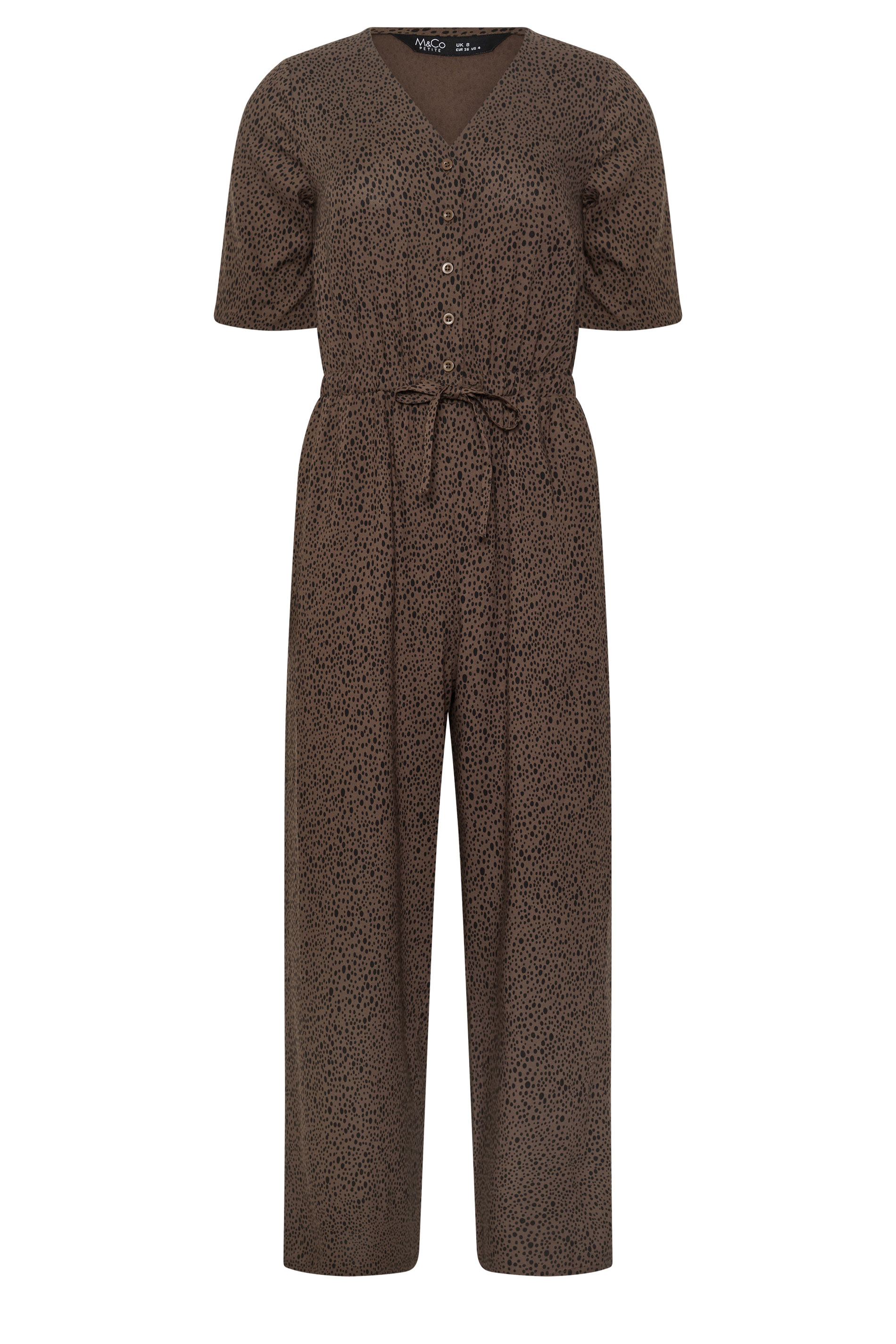 M&Co Petite Brown Spot Print Short Sleeve Jumpsuit | M&Co 1