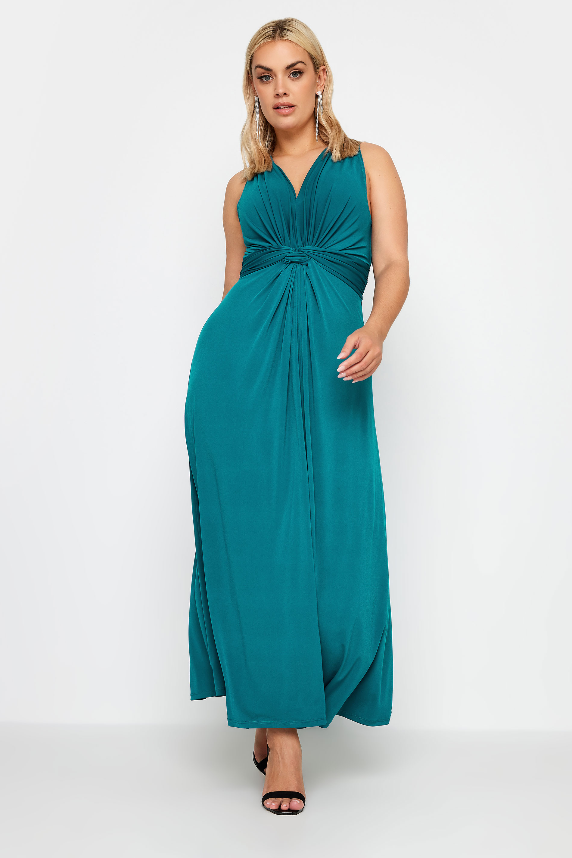 Long Knot Front Jersey Dress with Front Slit & Embellished Sleeve Cuto –