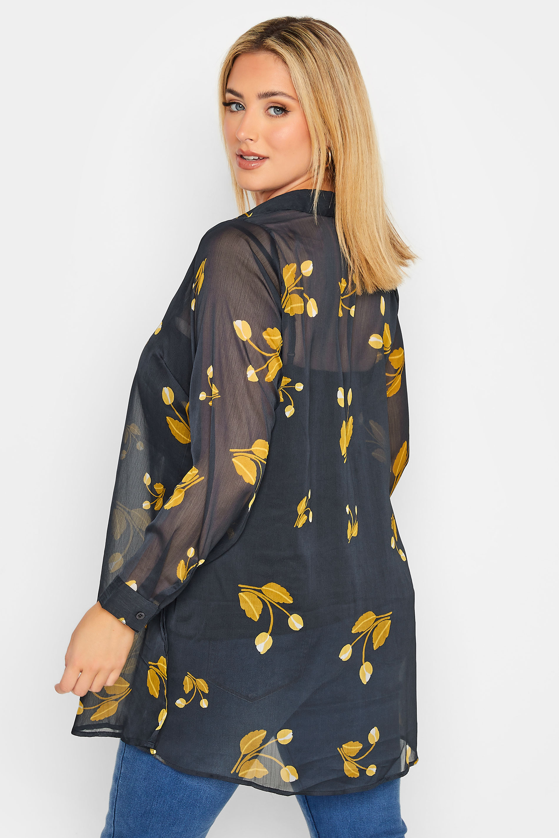 Plus Size Black Floral Print Button Through Shirt | Yours Clothing 3