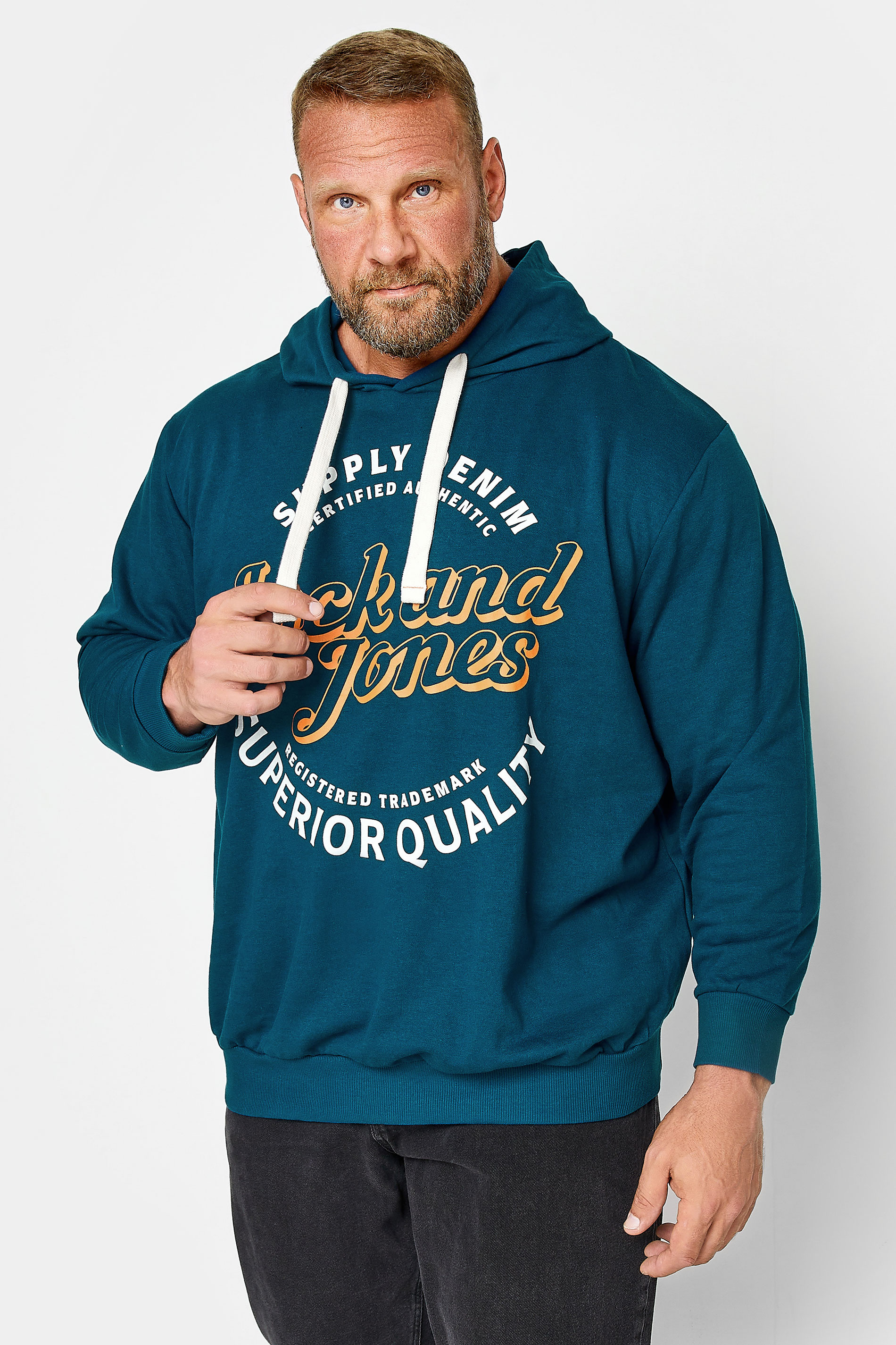 JACK & JONES Big & Tall Blue Hooded Logo Print Sweatshirt | BadRhino 1