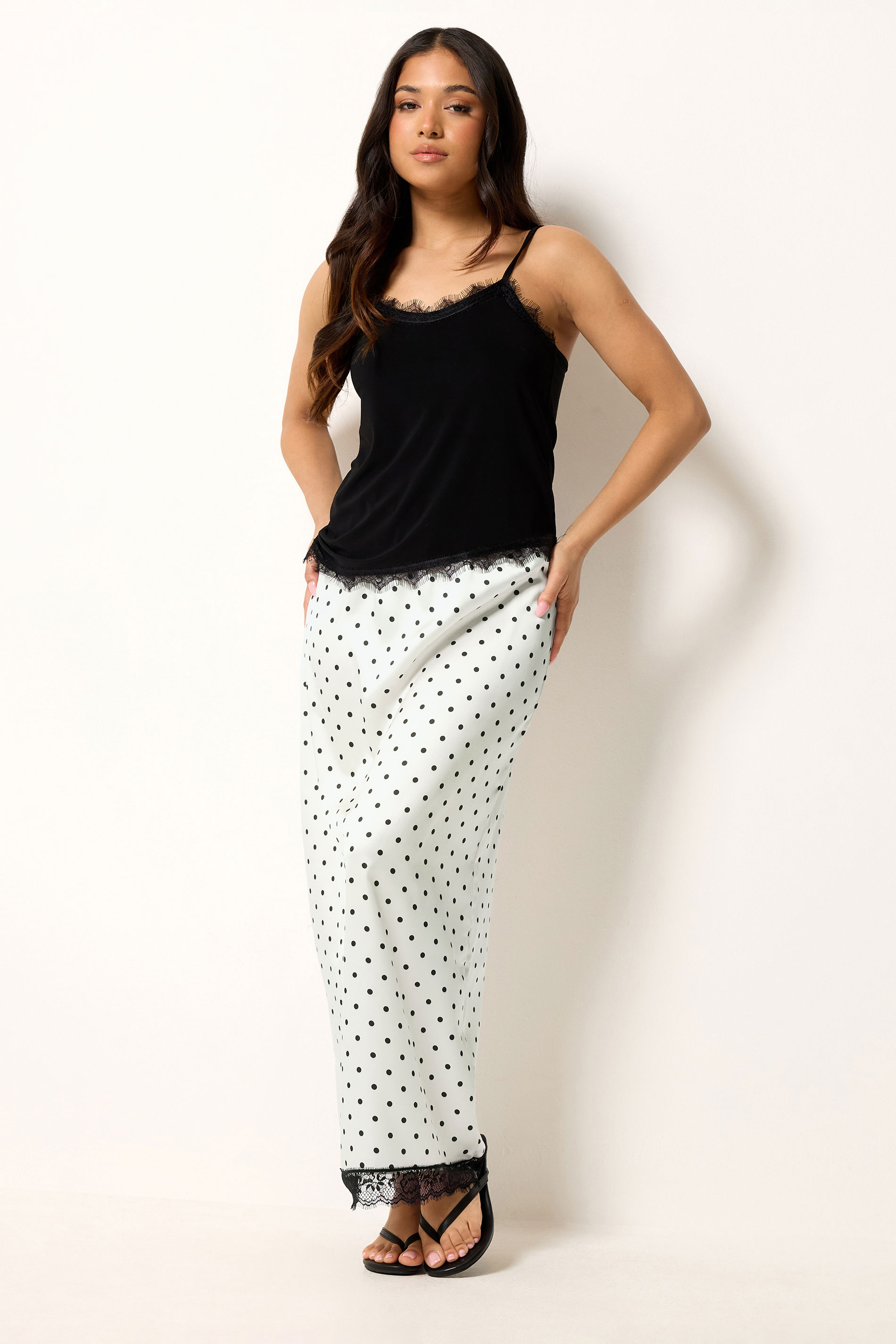 PixieGirl Petite Women's White Polka Dot Satin Maxi Skirt | PixieGirl 1