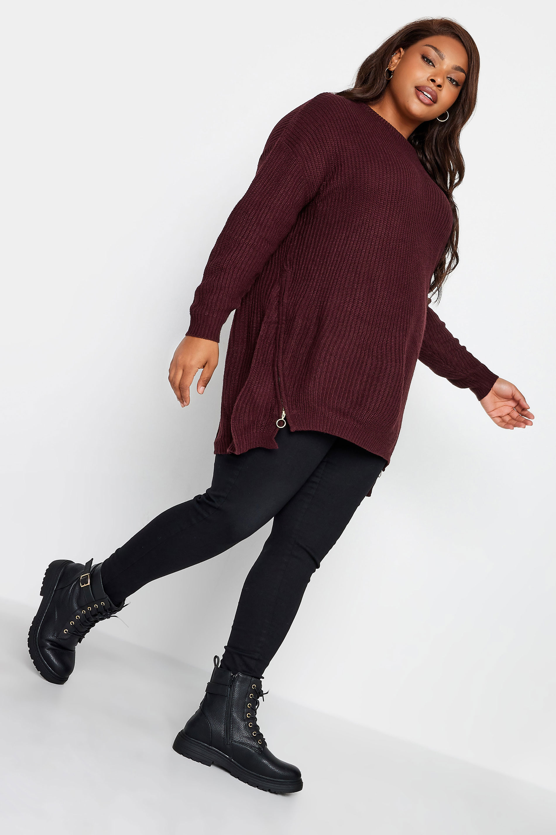 YOURS Plus Size Berry Red Side Zip Knitted Jumper | Yours Clothing 1