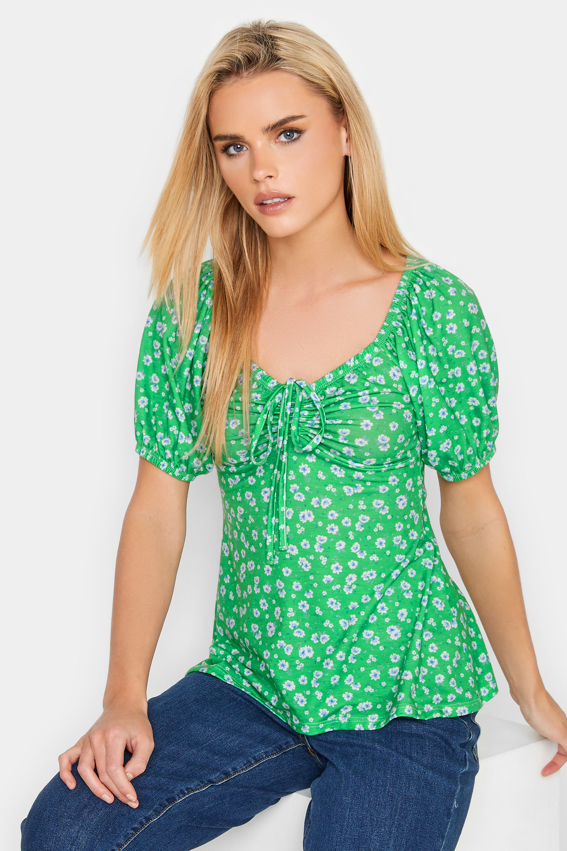Petite Green Daisy Print Ruched Front Top | PixieGirl 1