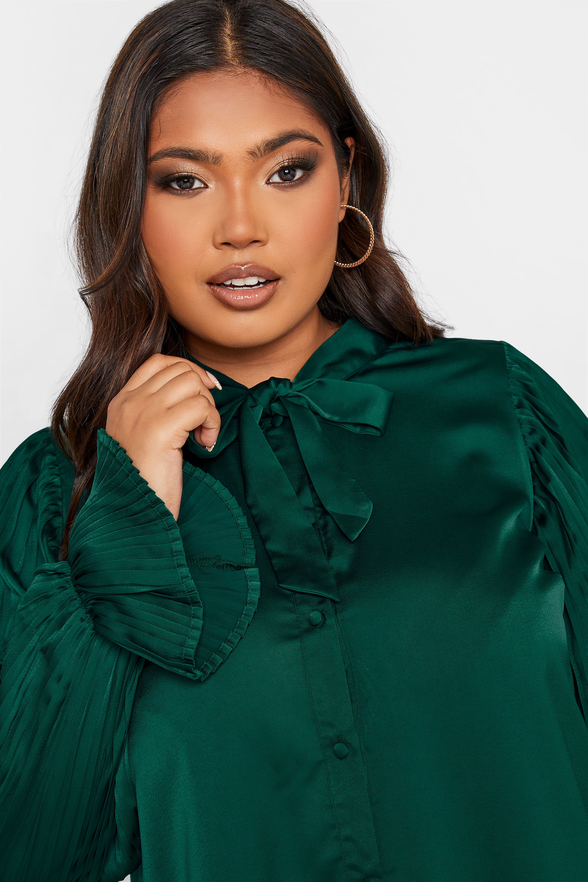 Plus Size YOURS LONDON Green Satin Pleat Blouse | Yours Clothing