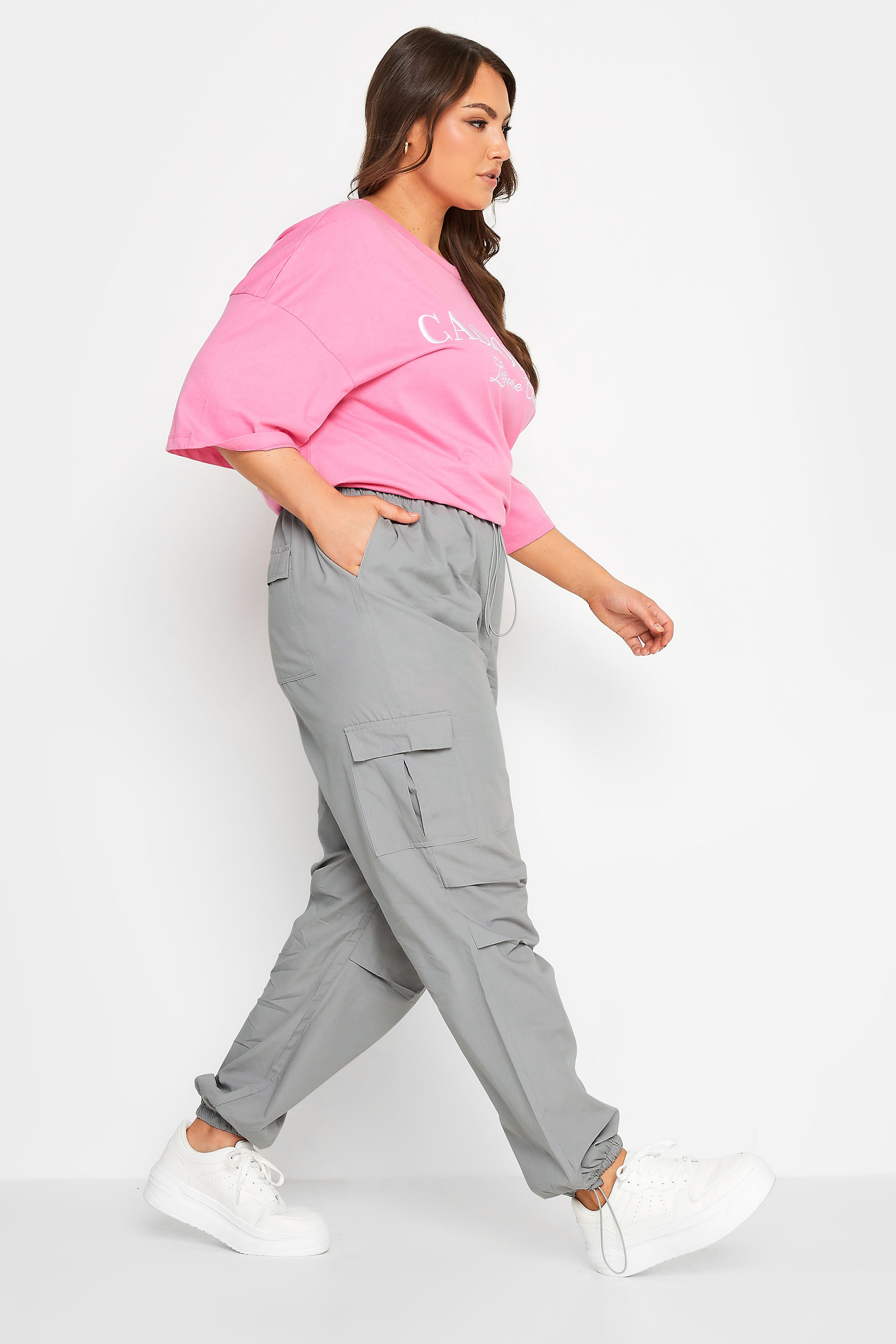 YOURS Curve Plus Size Grey Cuffed Parachute Trousers | Yours Clothing  3