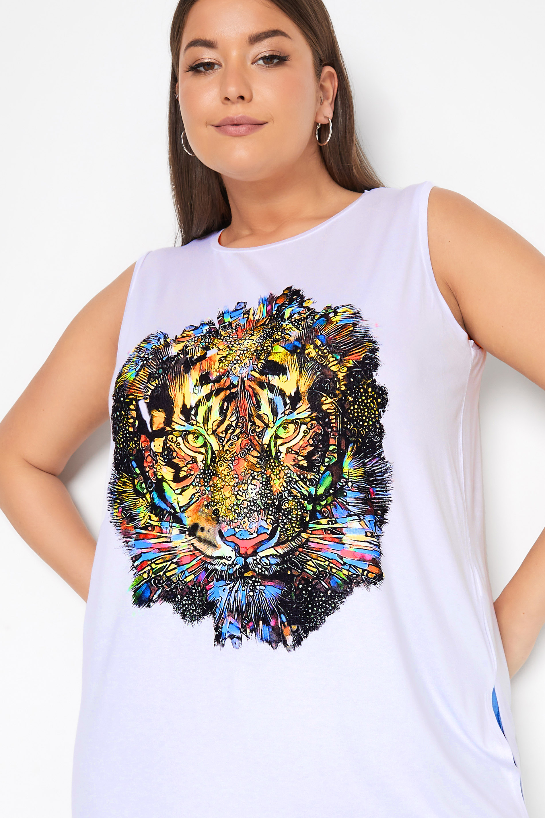 Grande taille  Tops Grande taille  T-Shirts | Débardeur Blanc Graphique Tigre en Jersey - GG13708