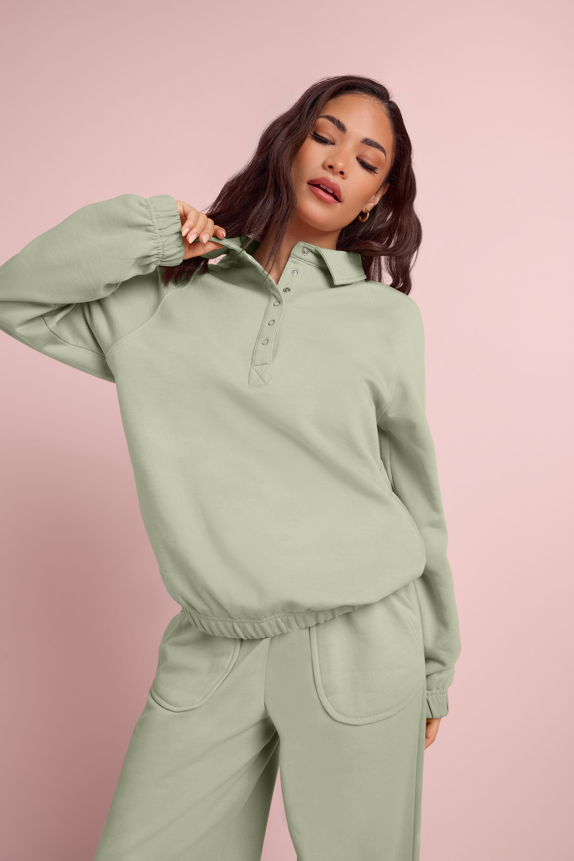 PixieGirl Petite Women's Sage Green Button Collar Sweatshirt | PixieGirl 3