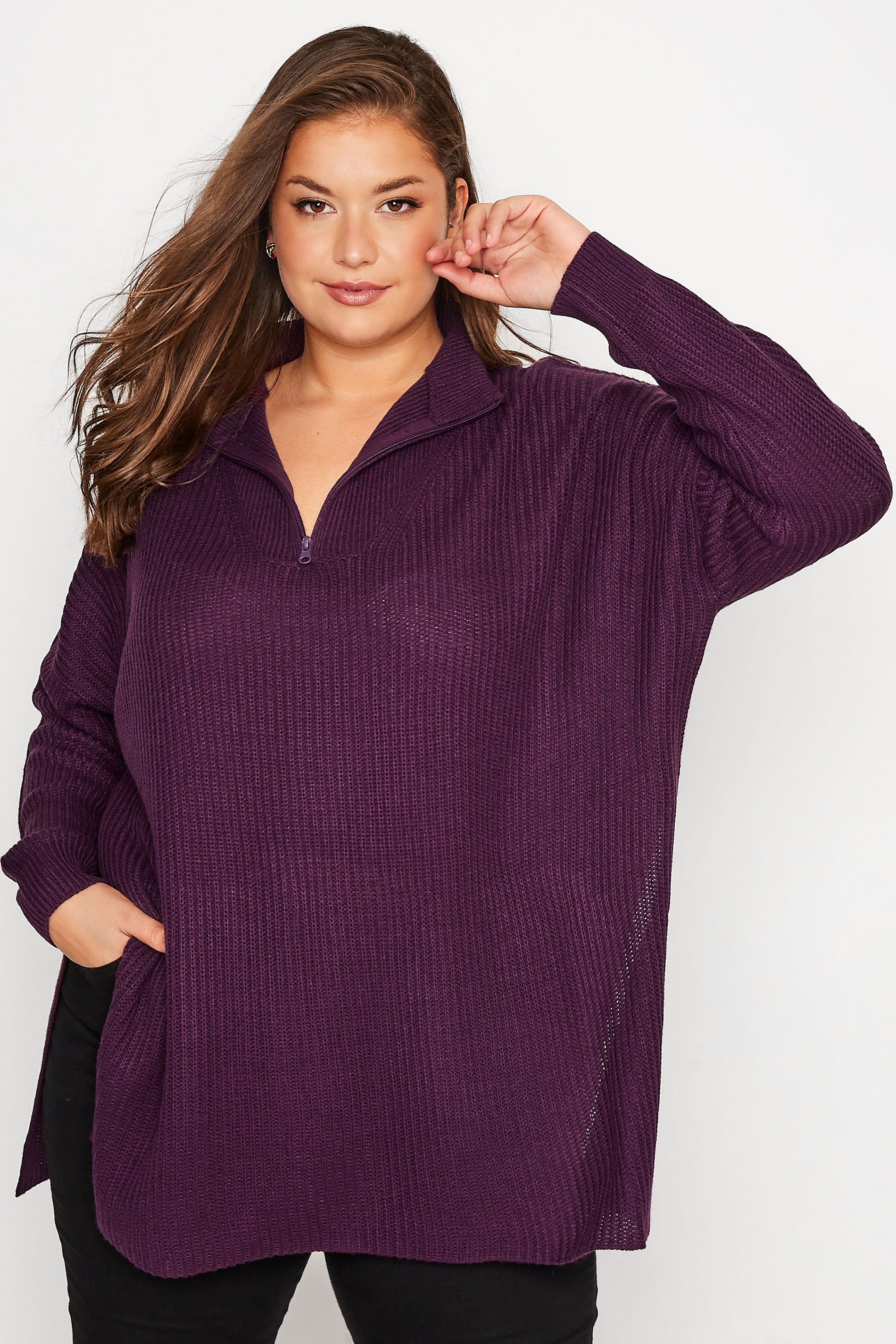 Plus Size Purple Zip Neck Jumper | Yours Clothing 1