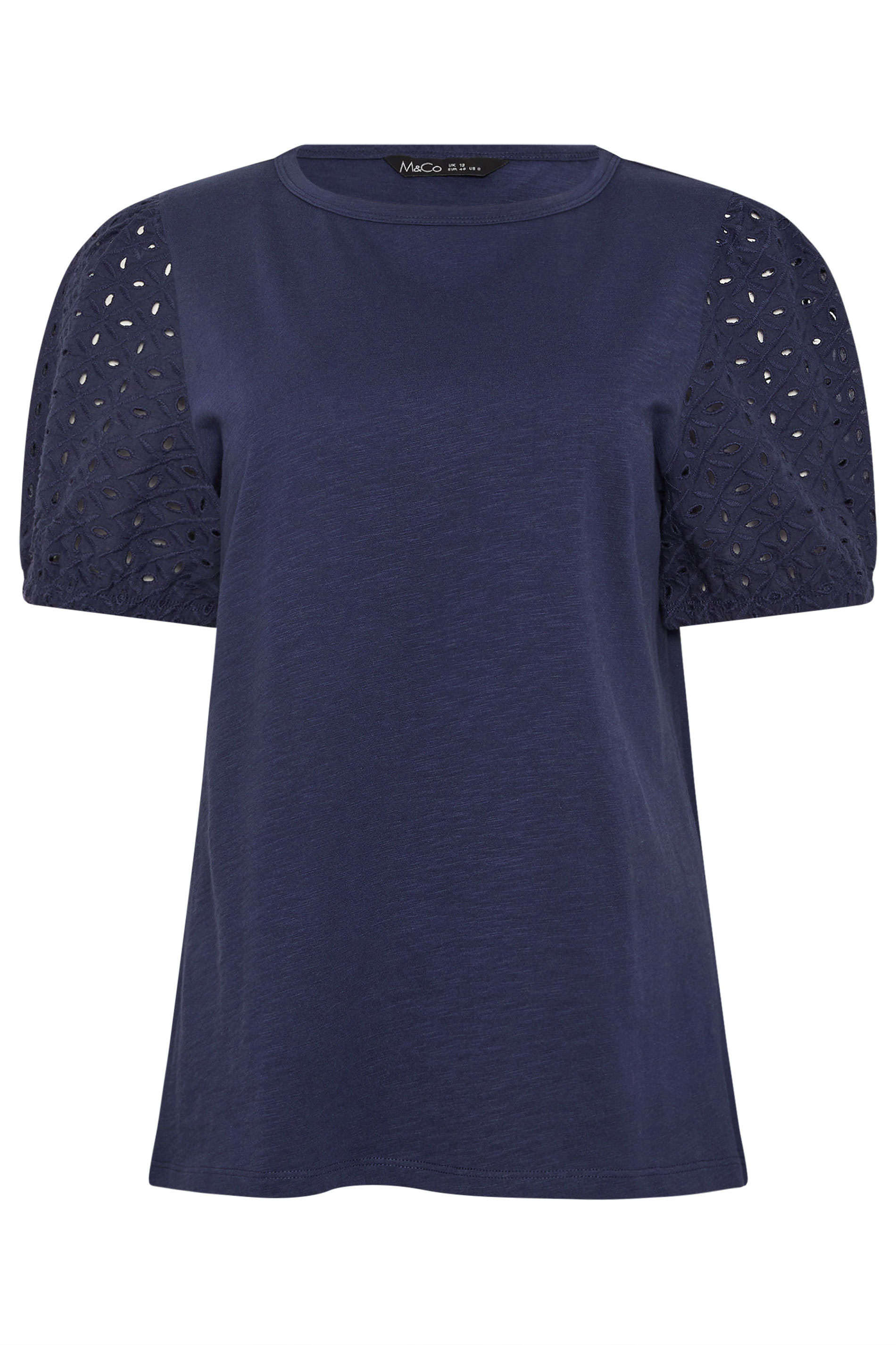 M&Co Navy Blue Broderie Cotton Puff Sleeve Top | M&Co 5