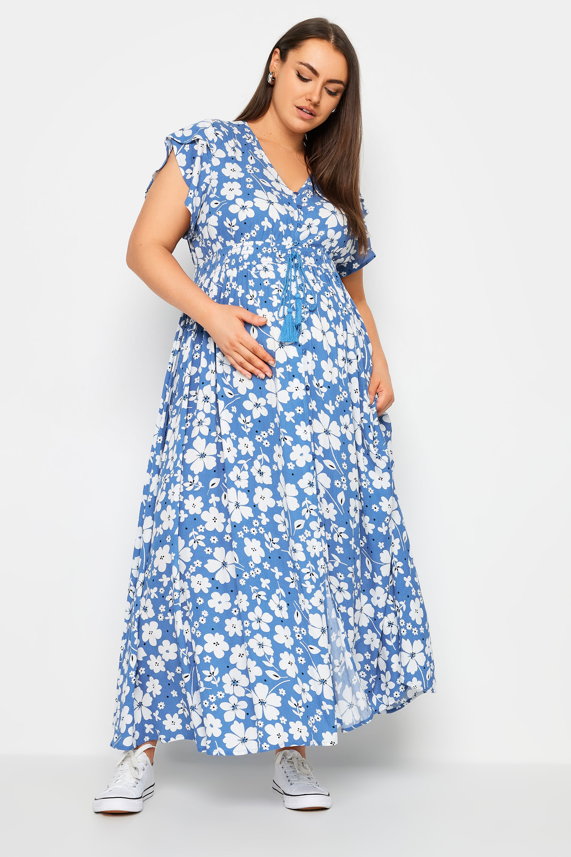 BUMP IT UP MATERNITY Plus Size Blue Floral Print Maxi Dress | Yours Clothing 2