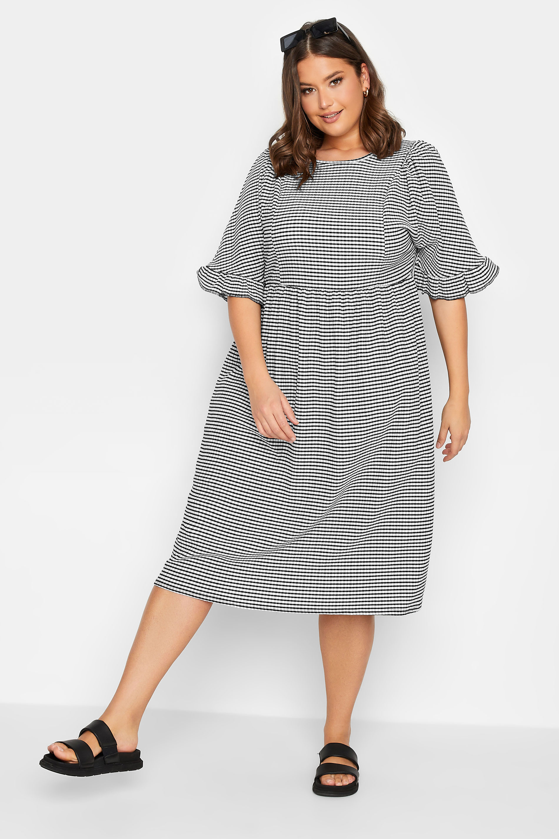 YOURS Plus Size Black Gingham Textured Smock Midi Dress | Yours Clothing 1
