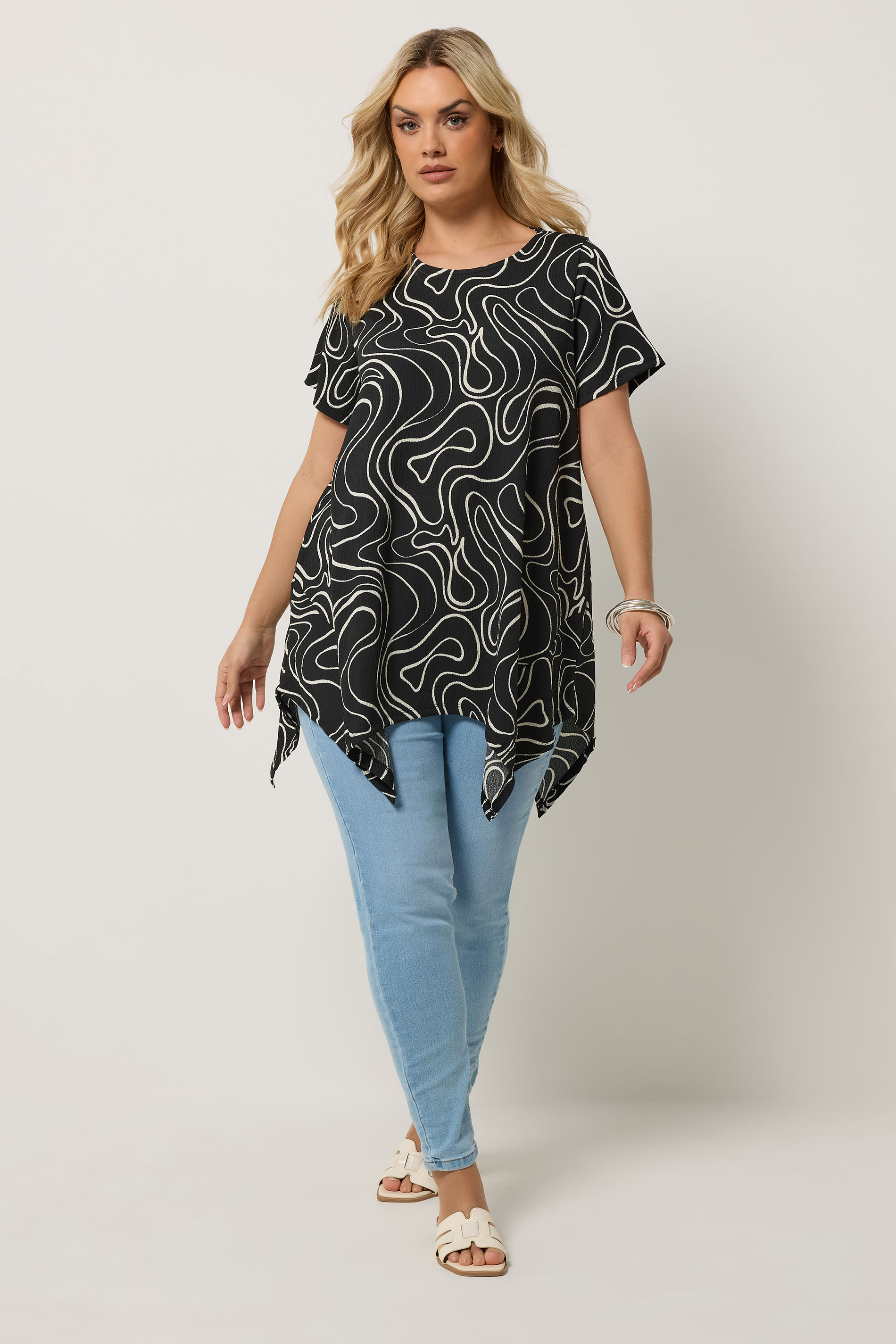 YOURS Plus Size Black Swirl Hanky Hem Top | Yours Clothing 1