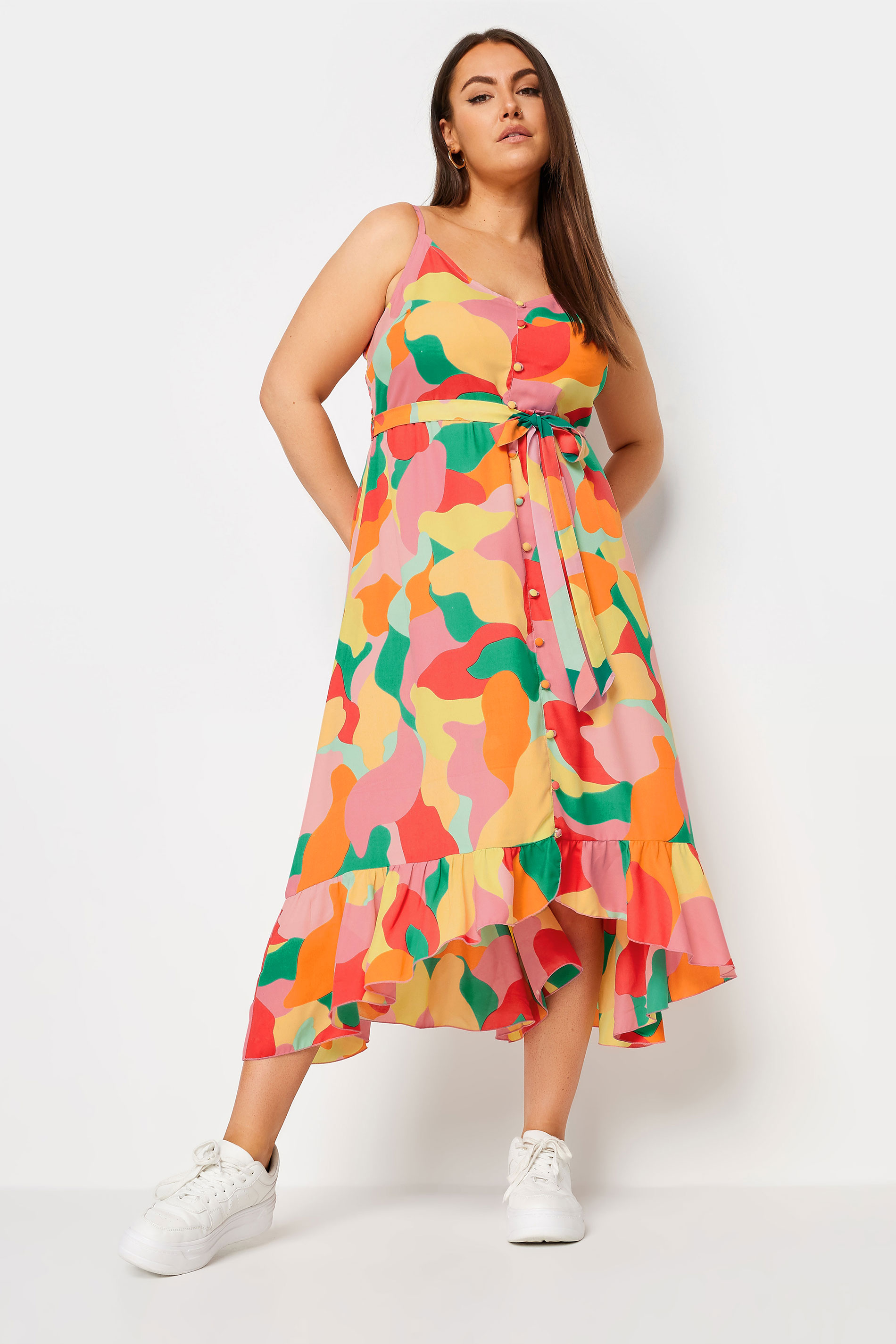 YOURS Curve Pink Abstract Print Frill Hem Midi Dress | Yours Clothing 3