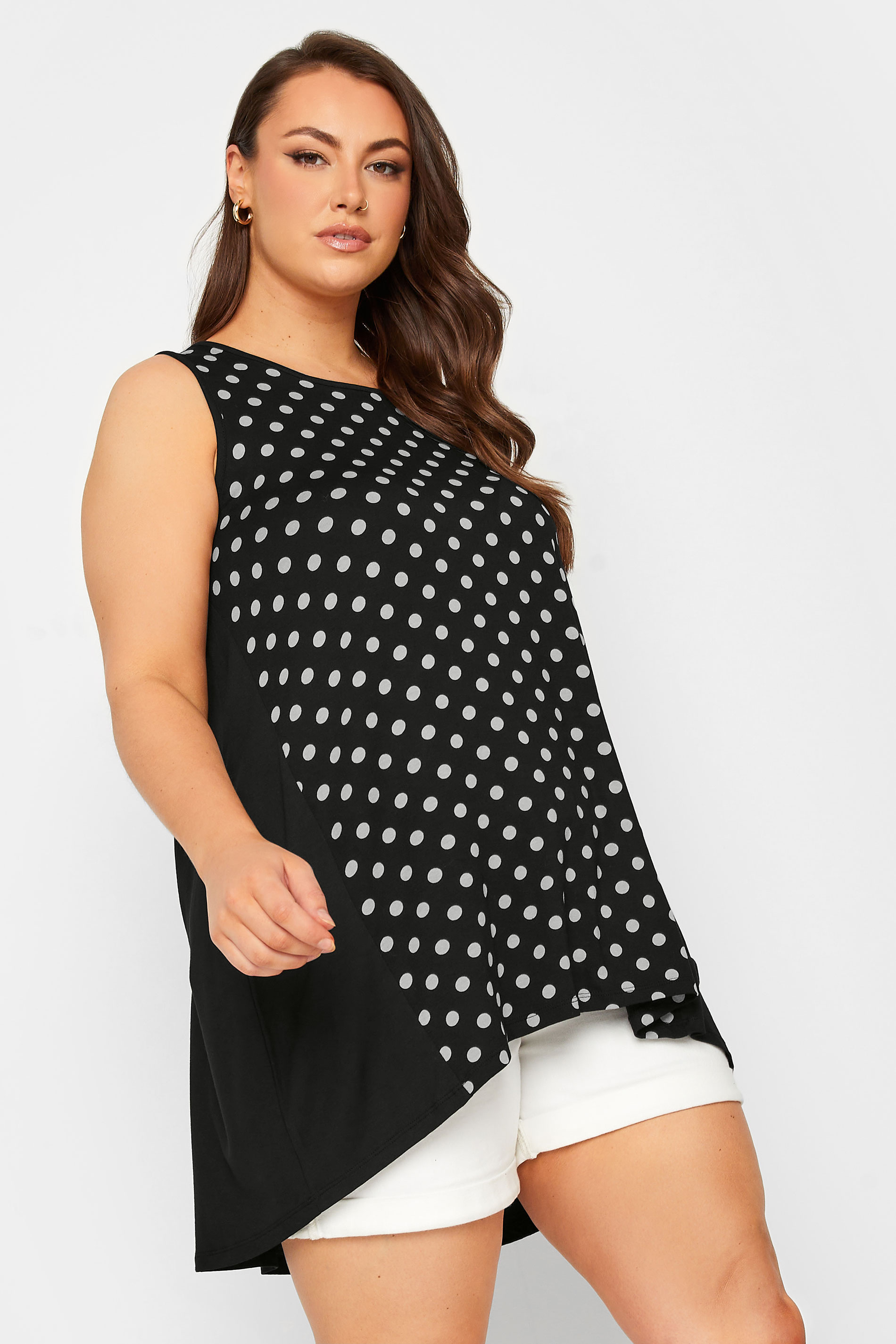 YOURS Plus Size Black Polka Dot Print Dipped Hem Vest Top | Yours Clothing 1
