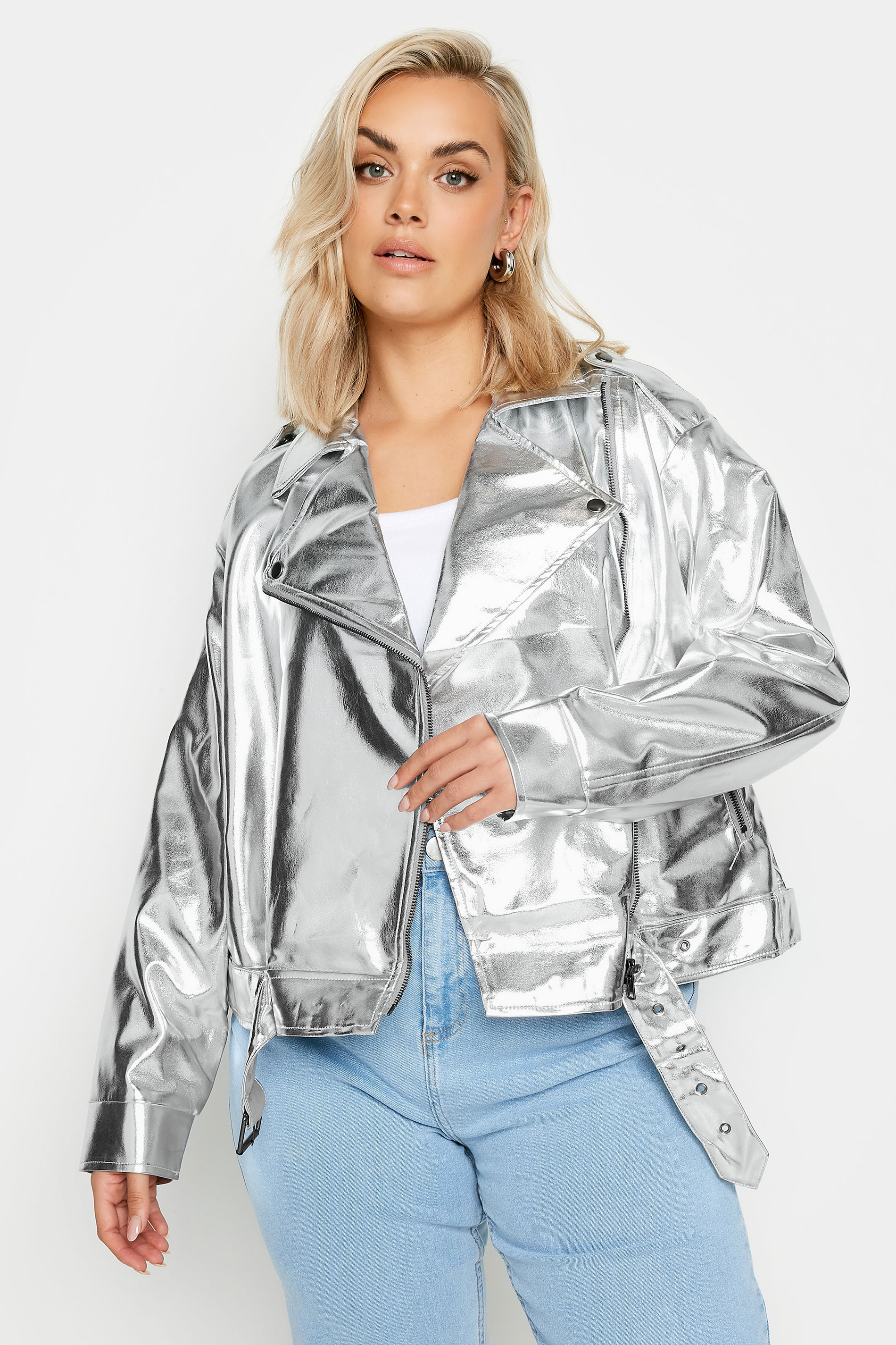 LIMITED COLLECTION Plus Size Silver Metallic Biker Jacket | Yours Clothing 2