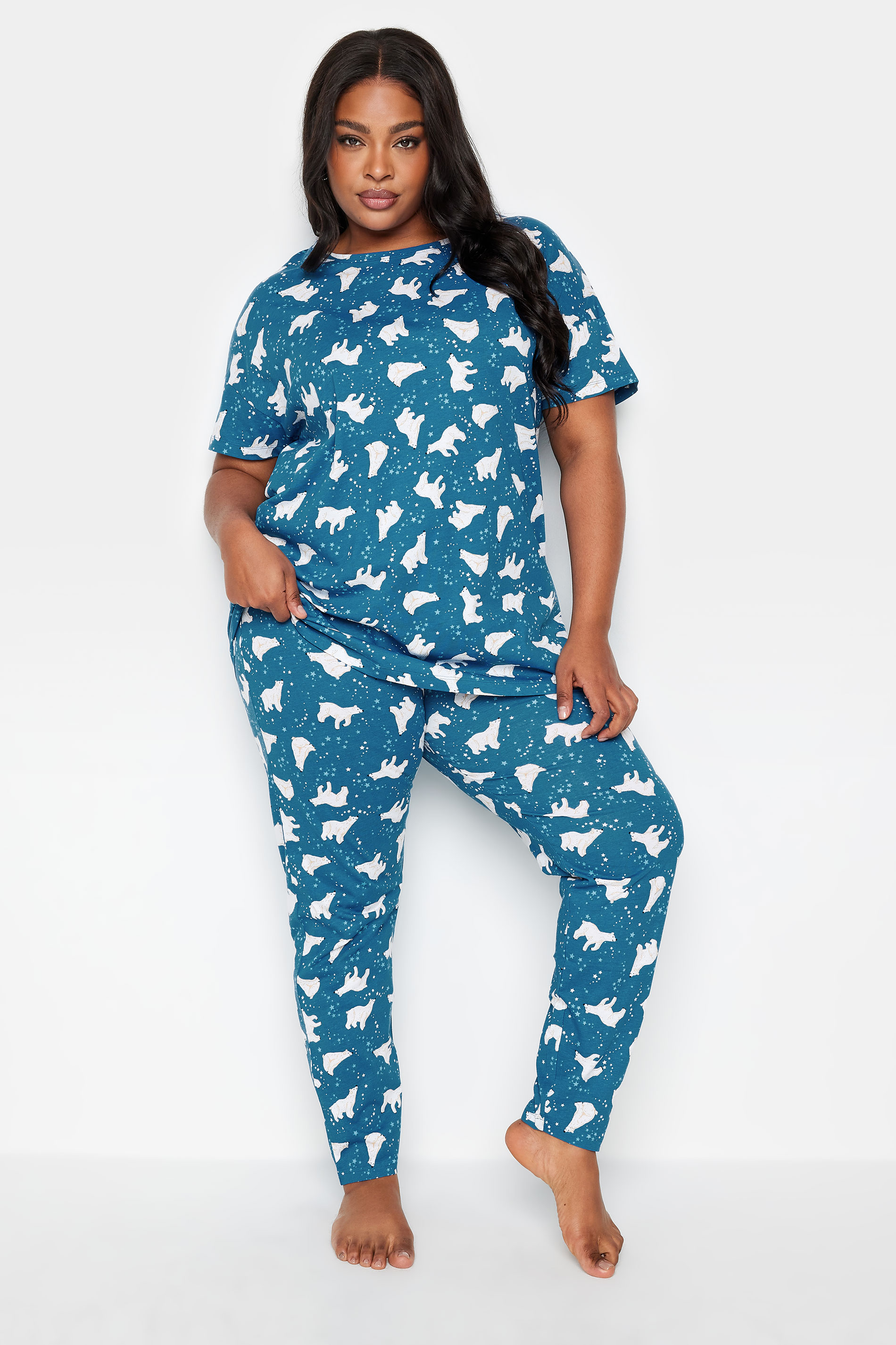 YOURS Plus Size Blue Polar Bear Print Pyjama Set | Yours Clothing 1