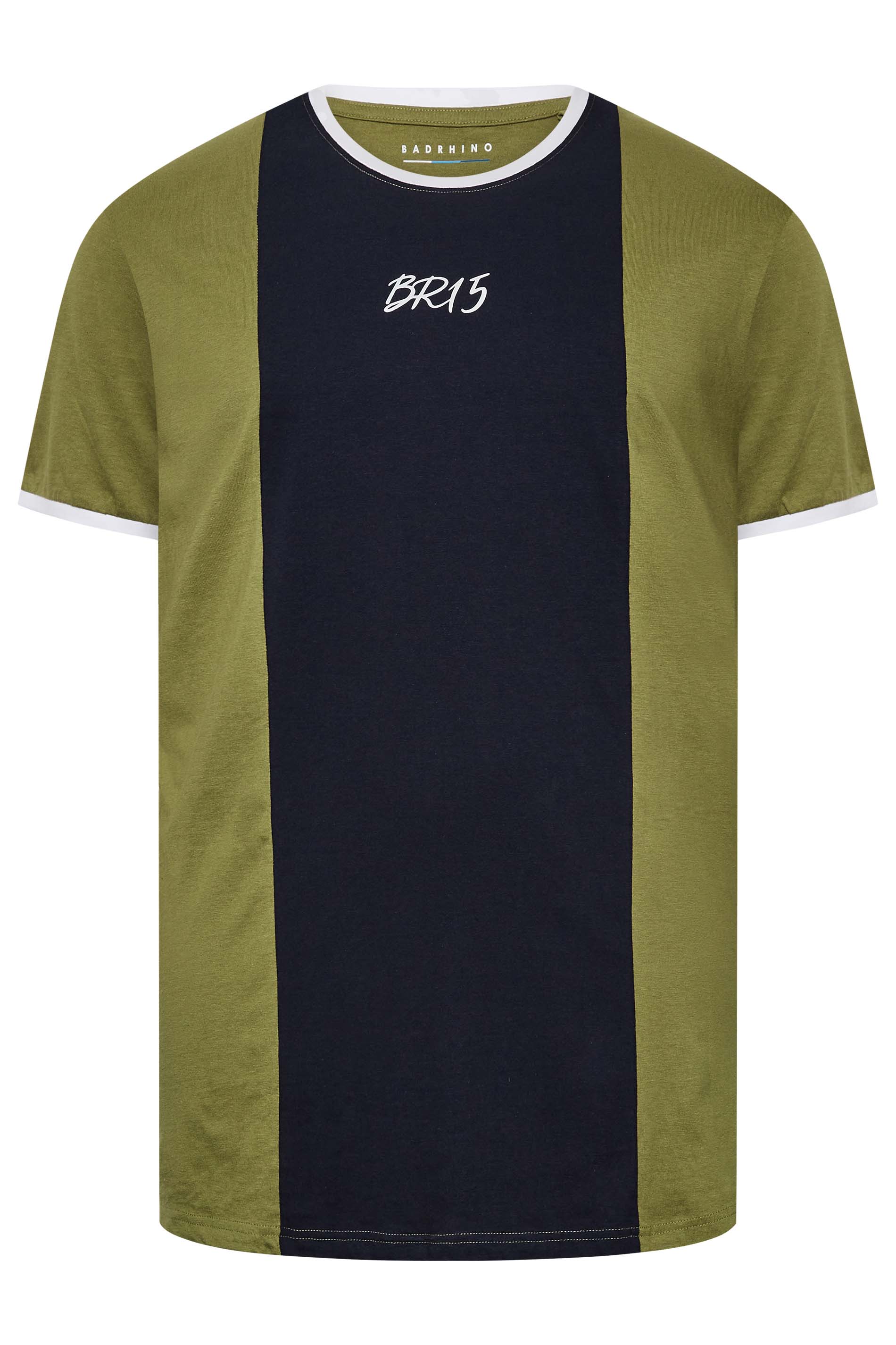 BadRhino Big & Tall Khaki Green Colour Block T-Shirt 1