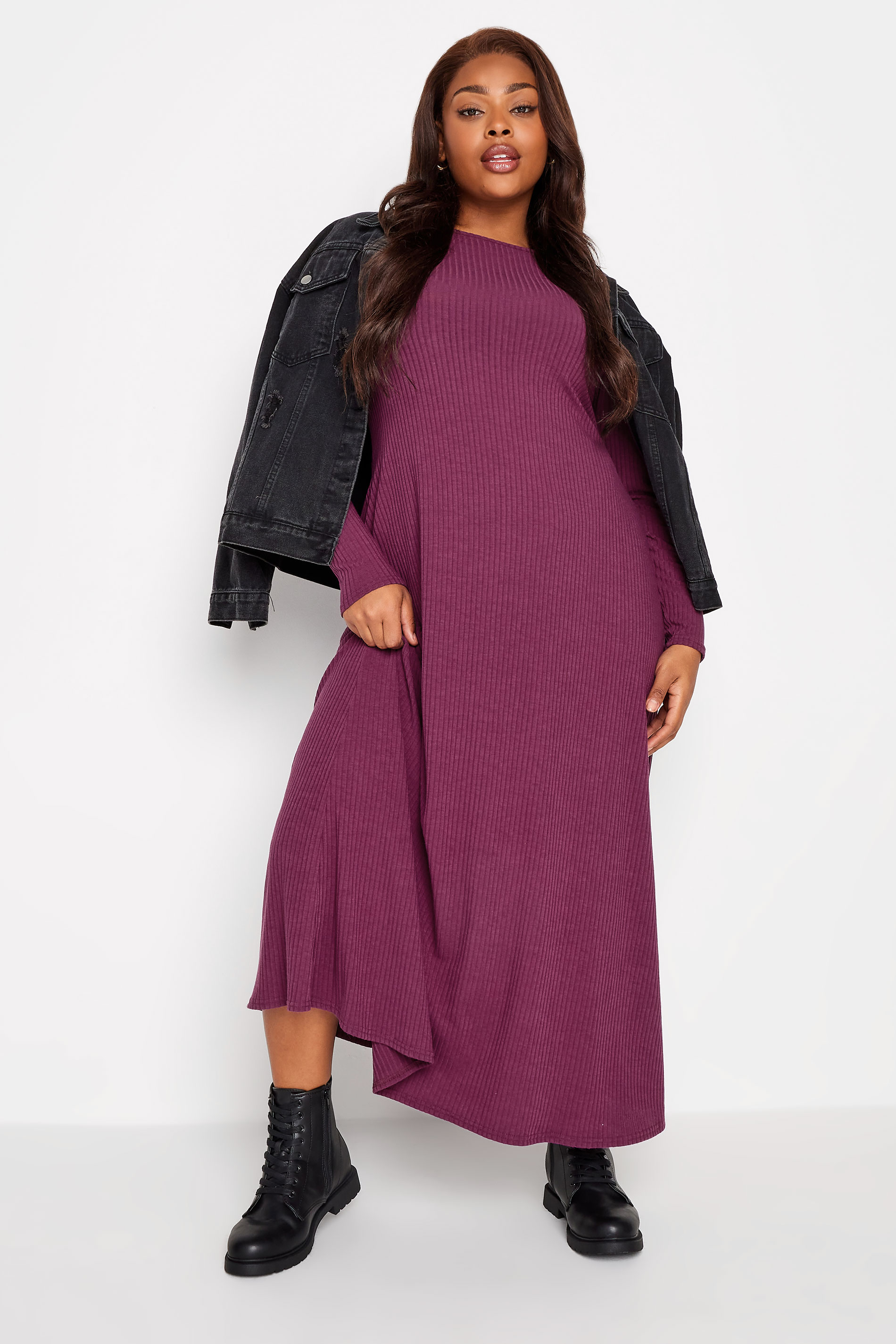 YOURS Curve Purple Ribbed Long Sleeve Swing Dress | Yours Clothing 1