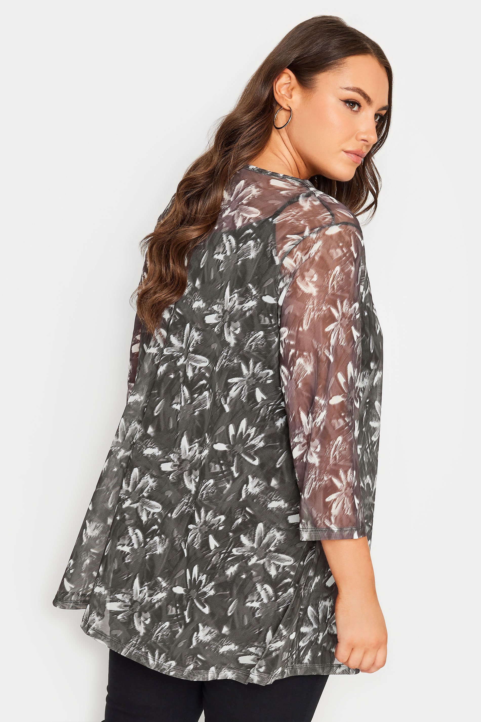 YOURS Plus Size Black Floral Print Mesh Layered Top | Yours Clothing 3