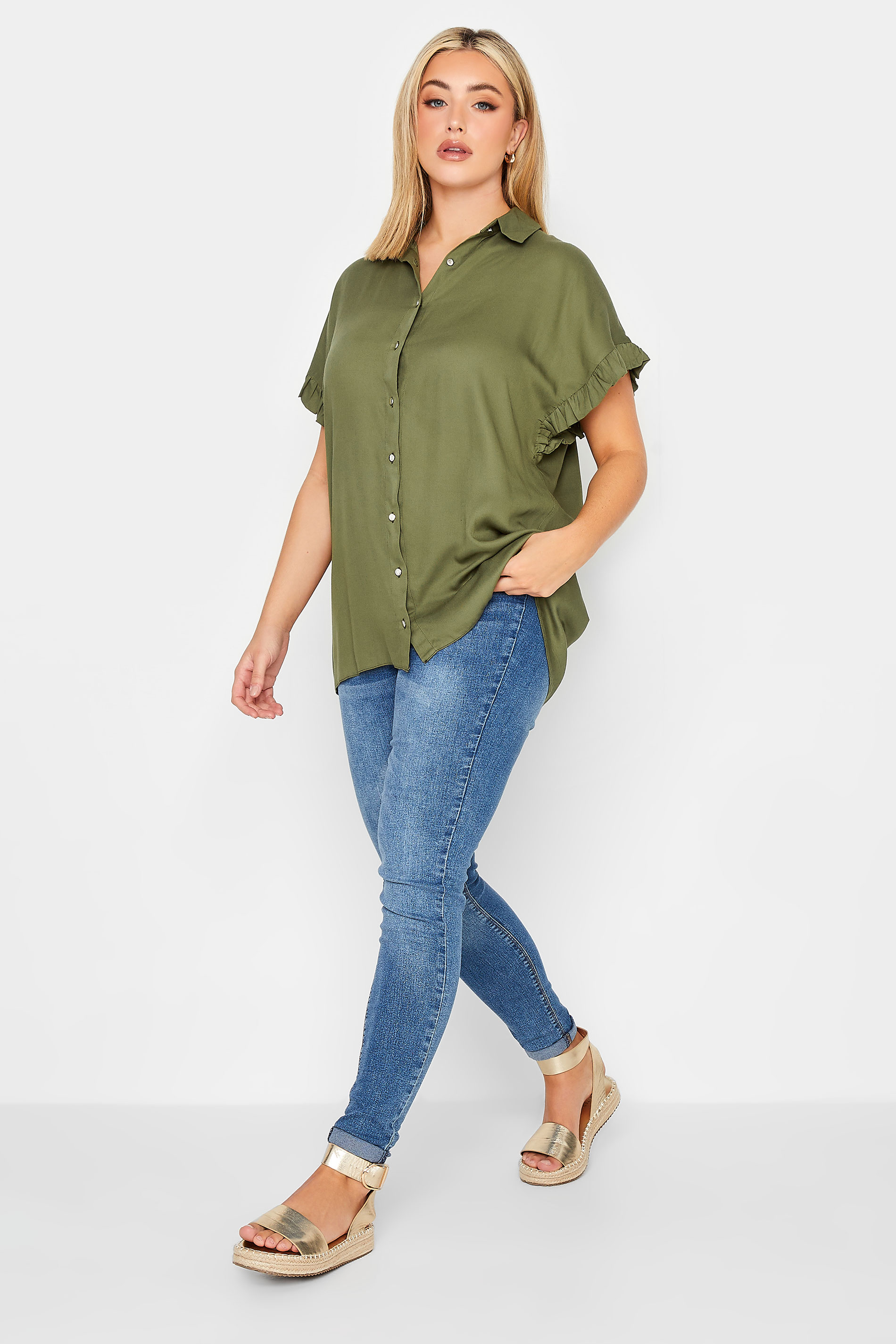 YOURS Plus Size Khaki Green Frill Sleeve Collared Shirt | Yours Clothing 2