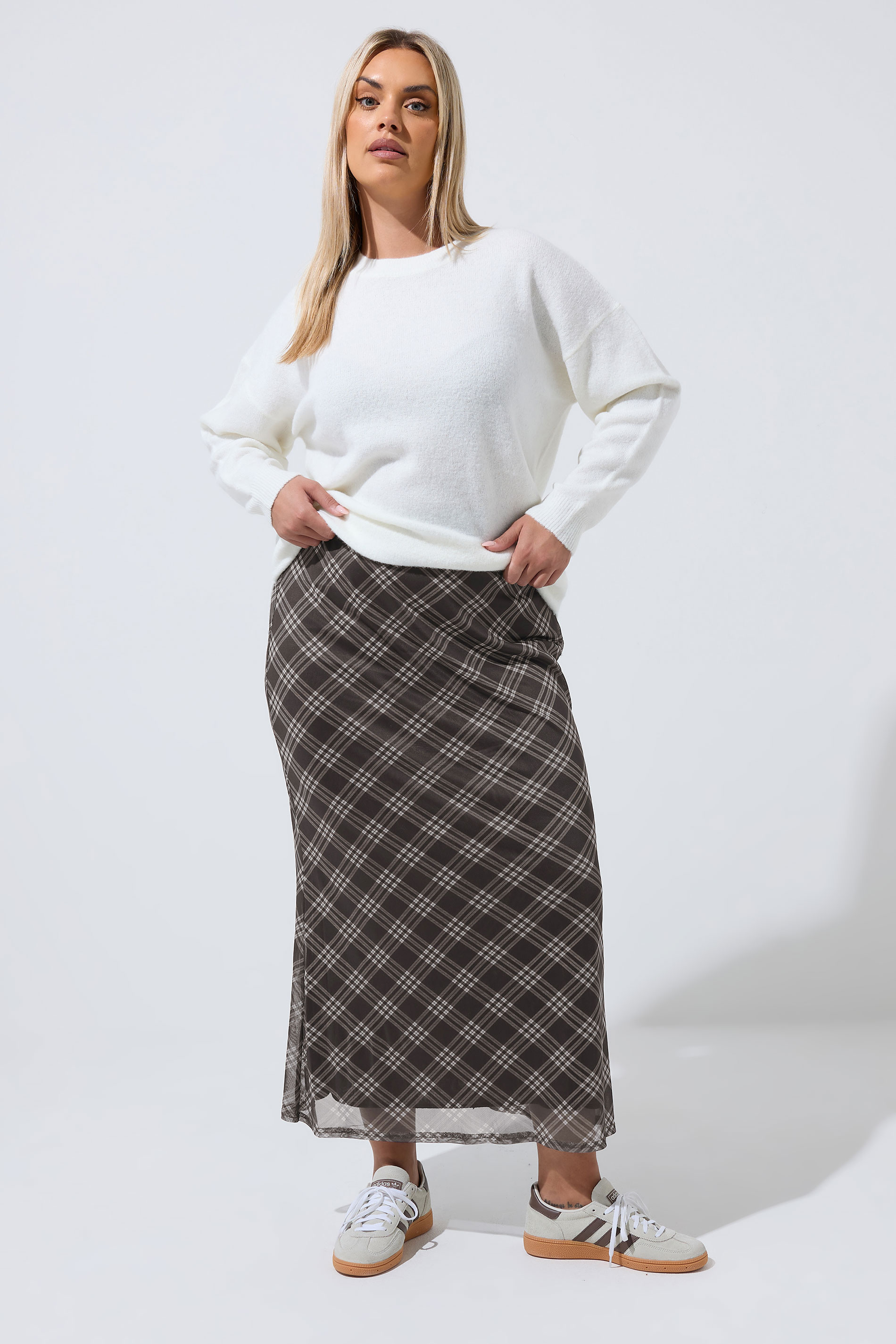LIMITED COLLECTION Plus Size Brown Checked Mesh Skirt | Yours Clothing 4