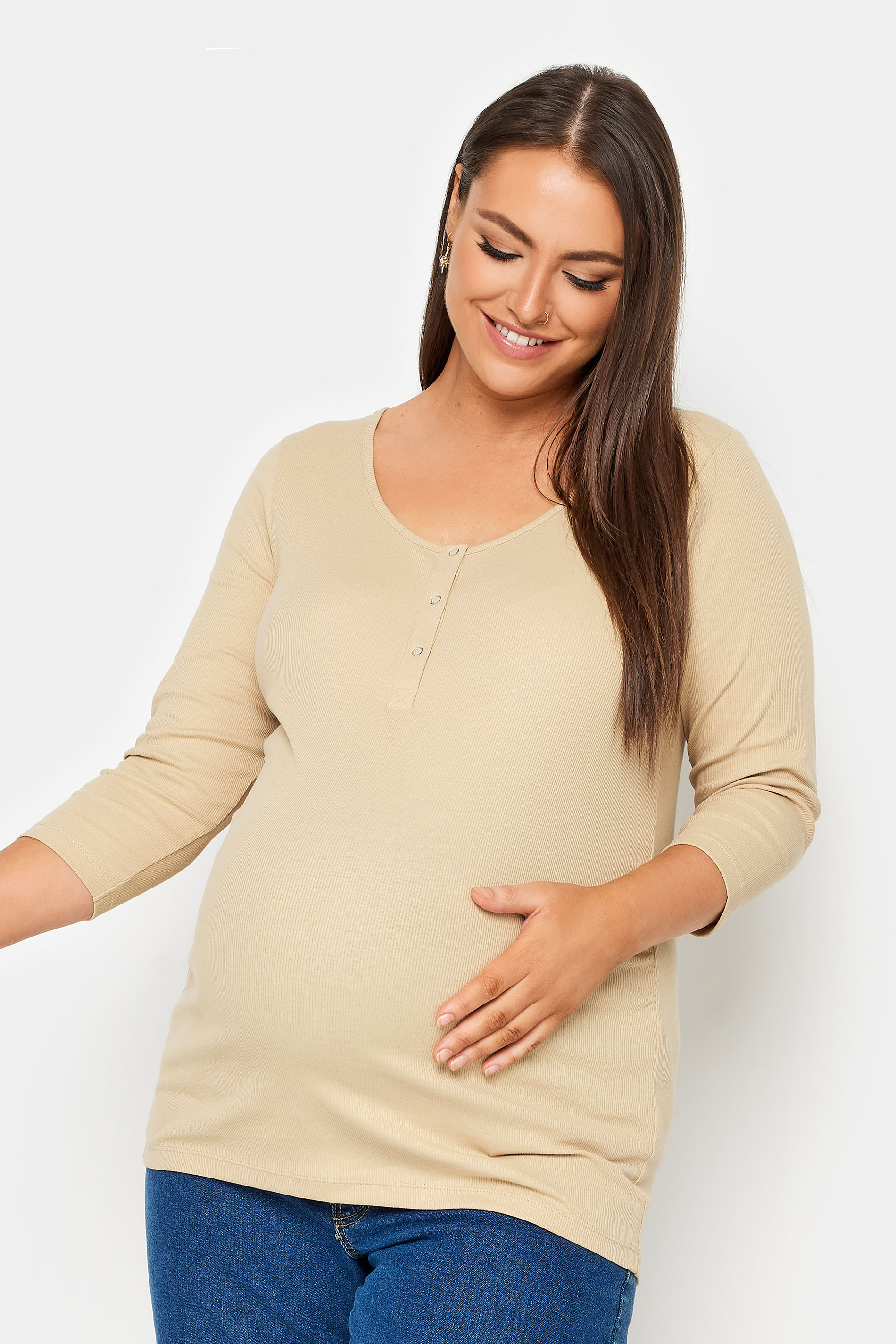 BUMP IT UP MATERNITY Plus Size Beige Brown Ribbed Popper Fastening Top | Yours Clothing 1