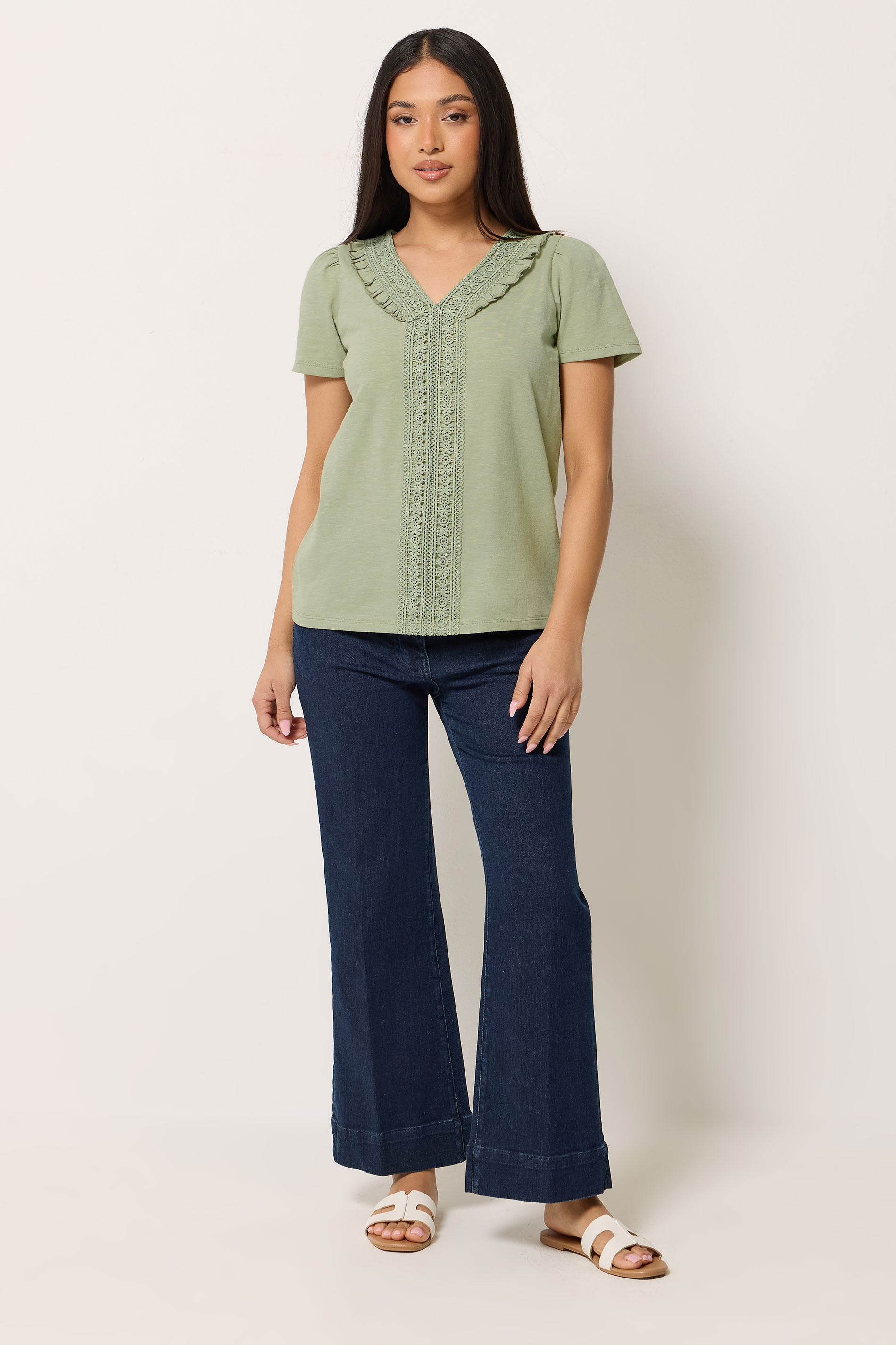 M&Co Petite Sage Green Embroidered Trim Cotton Blouse | M&Co 1