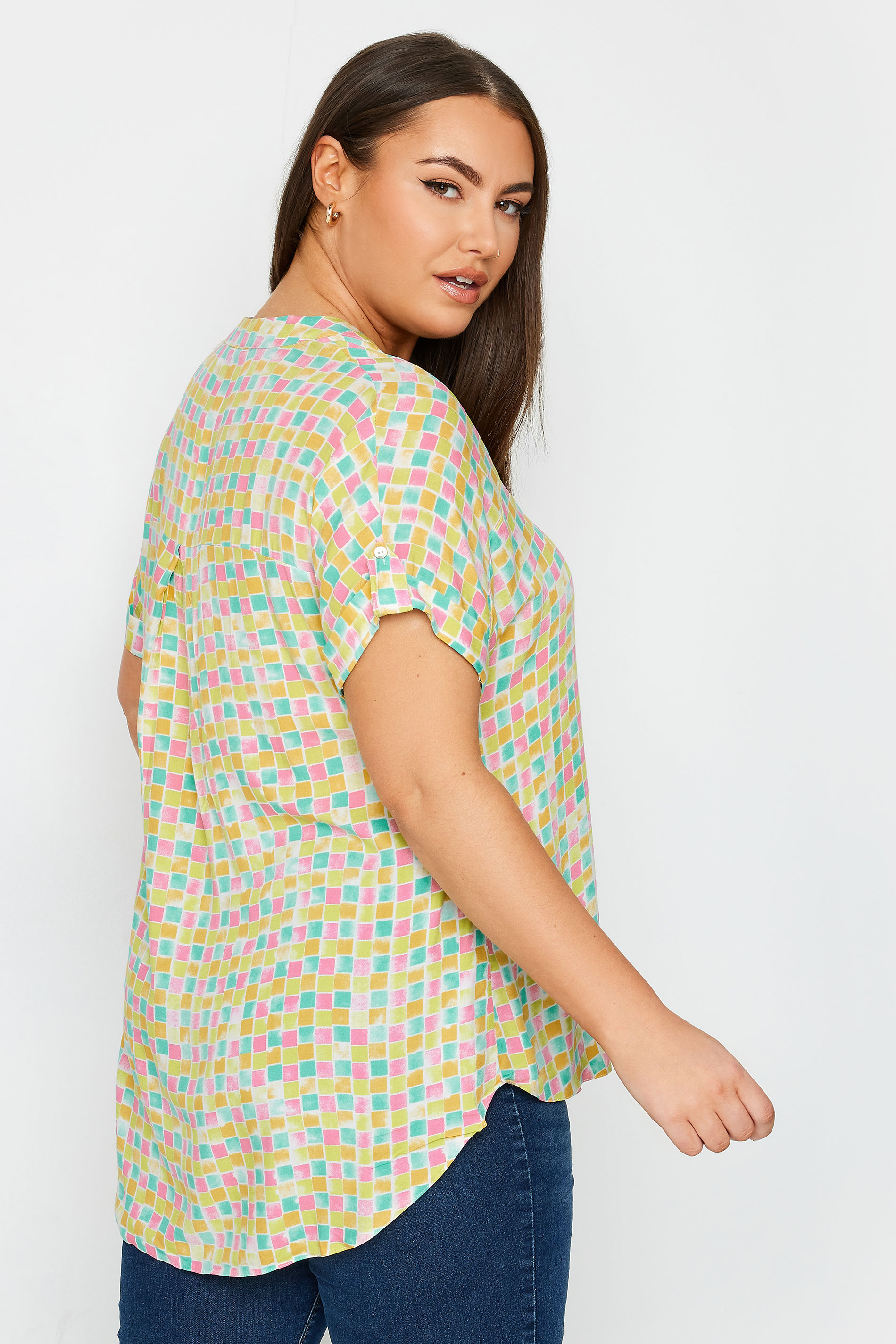 YOURS Plus Size Green Square Print Button Through Shirt | Yours Clothing 3