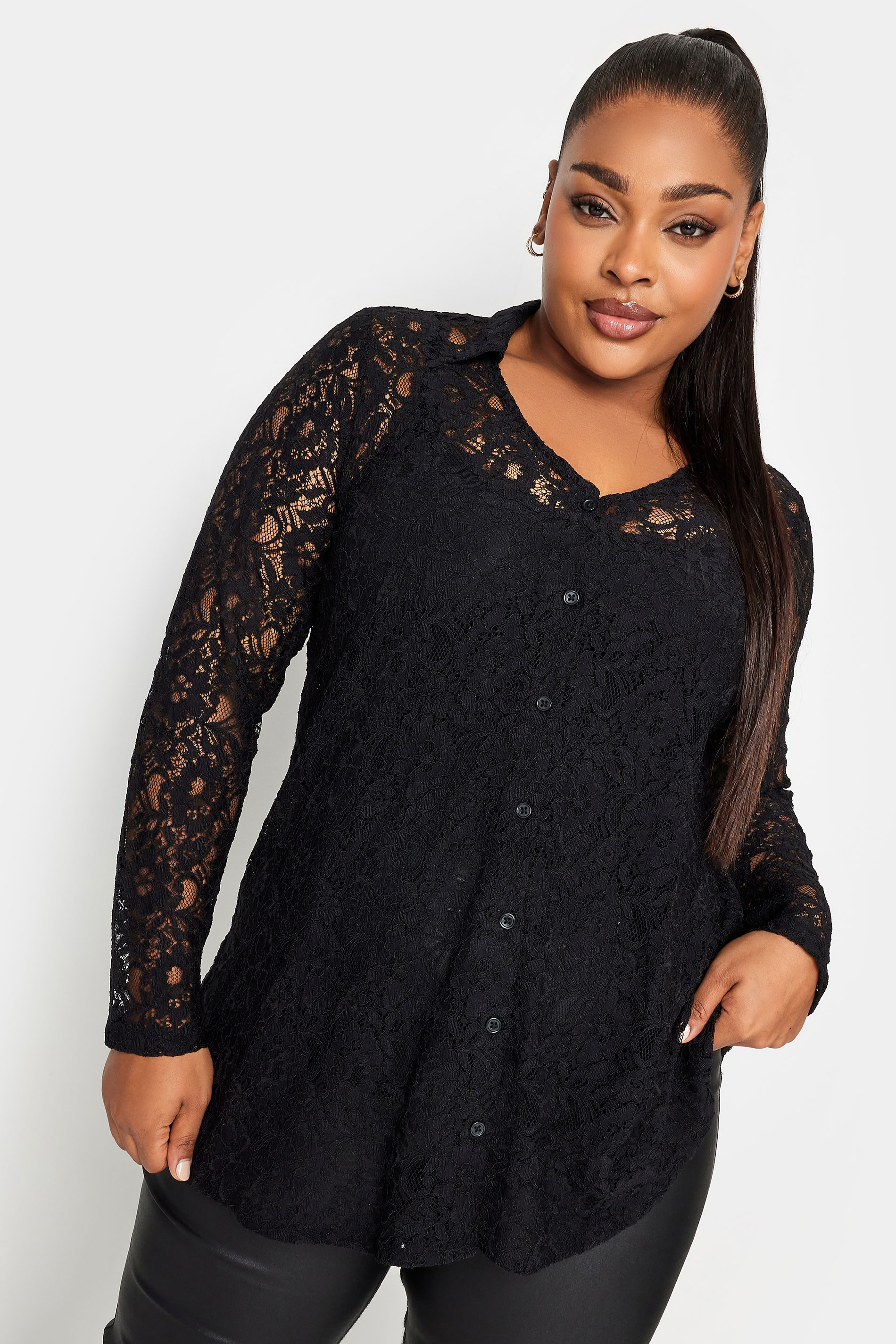 YOURS Plus Size Black Lace Shirt | Yours Clothing 1