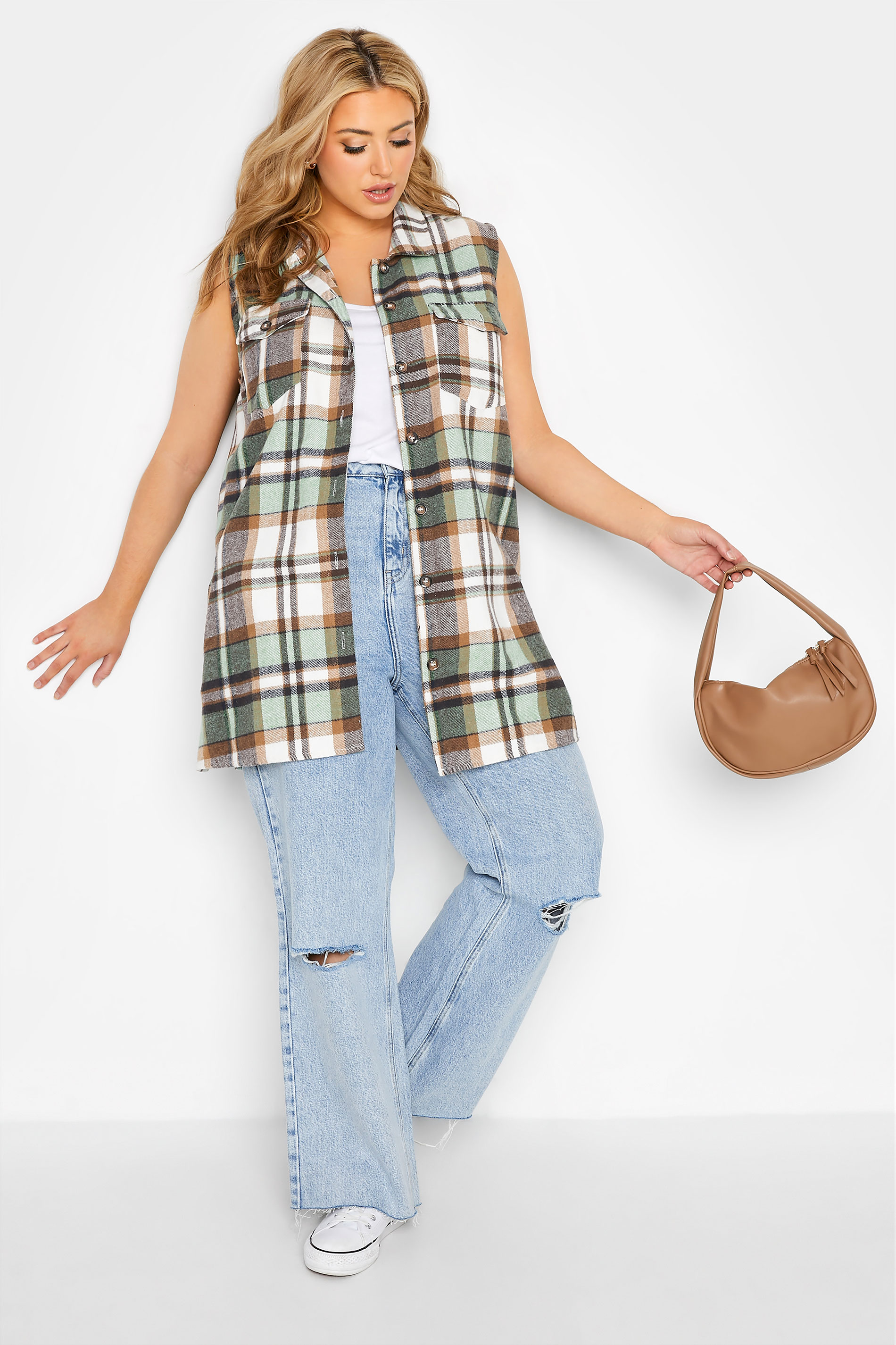LIMITED COLLECTION Plus Size Green Checked Sleeveless Shacket | Yours Clothing  2