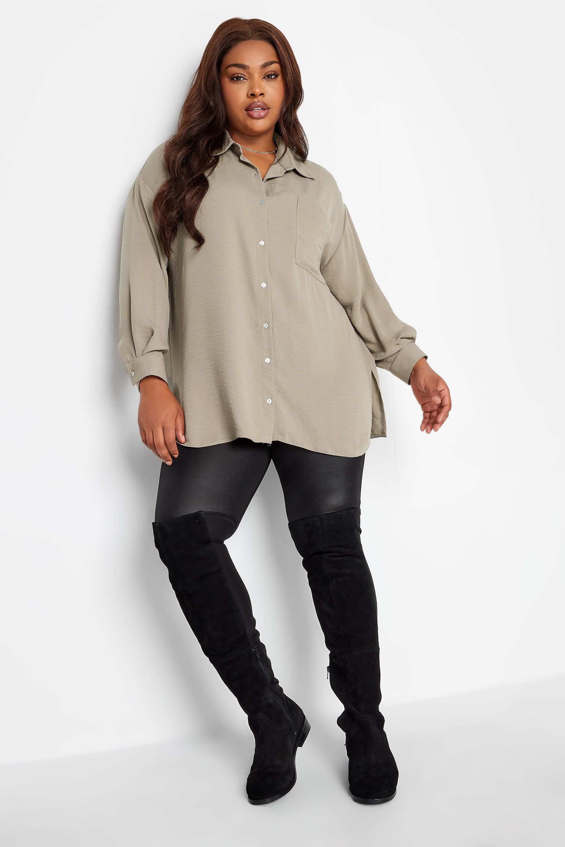 Yours Plus Size Brown Cuffed Sleeve Shirt | Yours Closing 2
