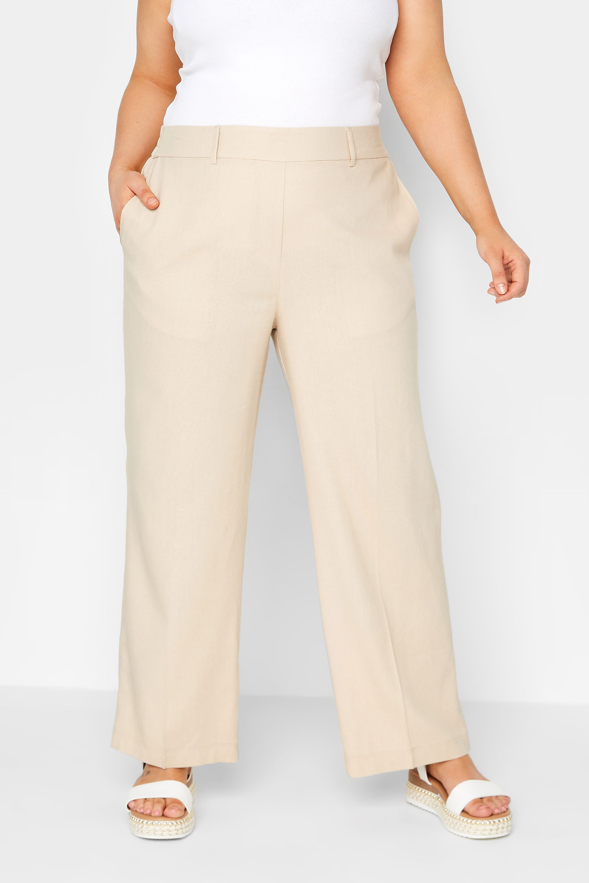 YOURS Plus Size Beige Brown Linen Blend Wide Leg Trousers | Yours Clothing