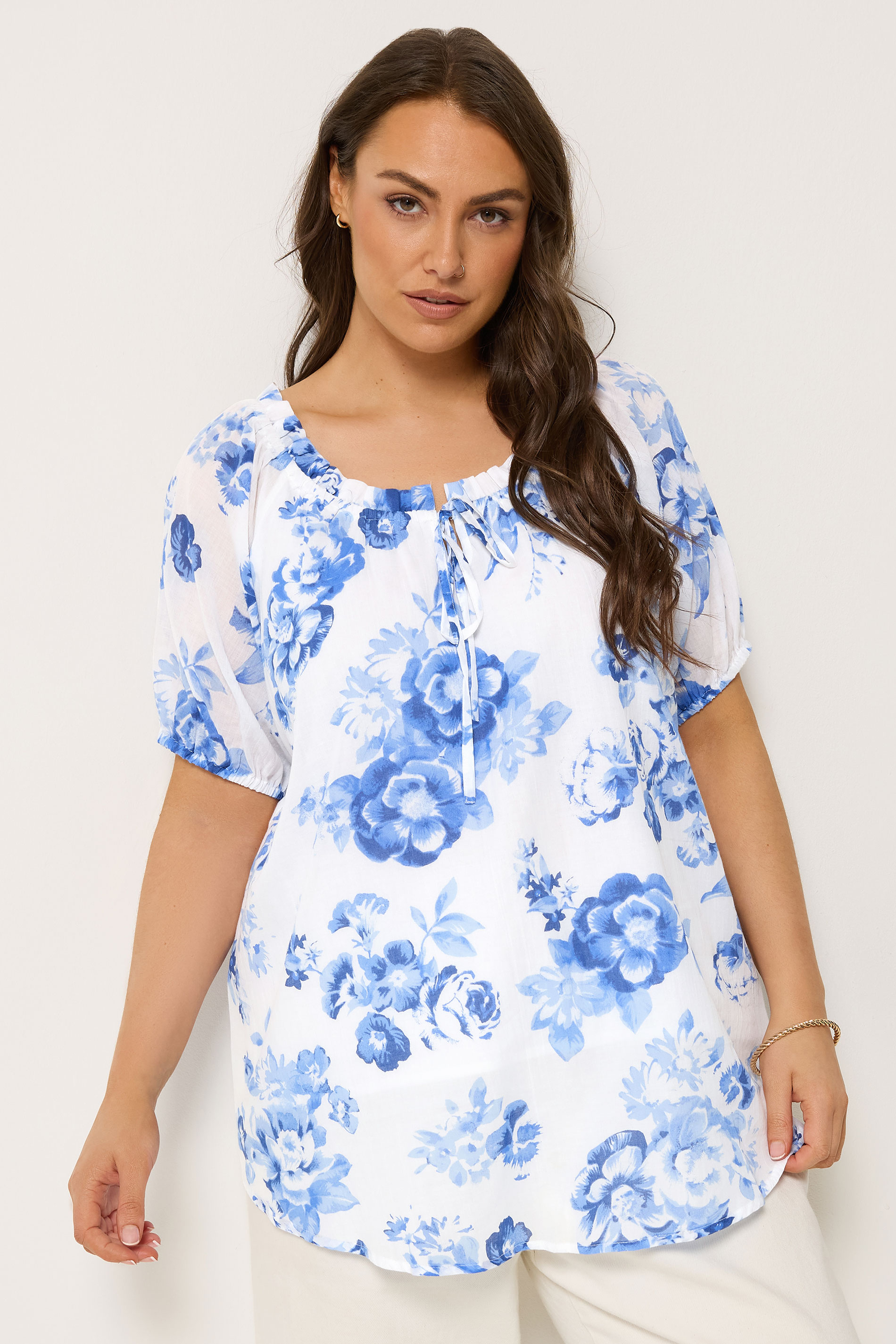 YOURS Plus Size Blue Floral Tie Neck Top | Yours Clothing 3