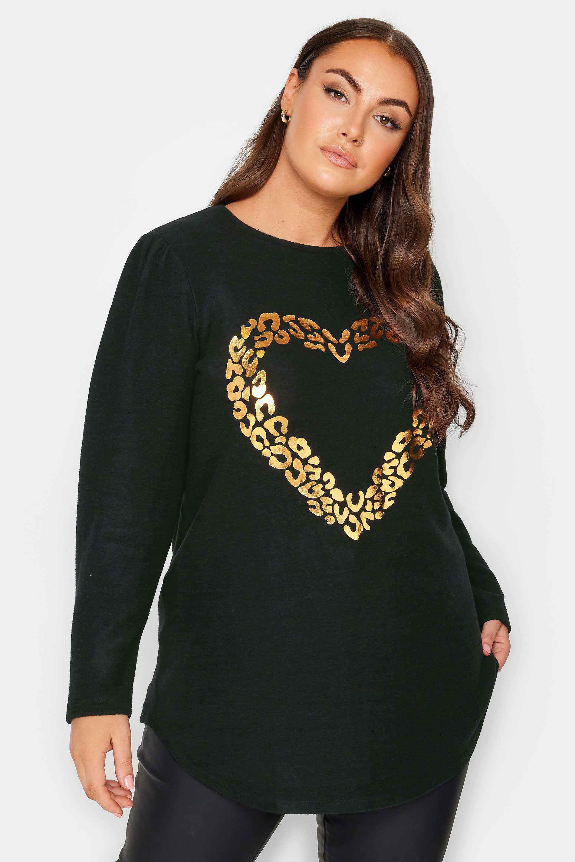 YOURS Curve Plus Size Black Leopard Foil Heart Top | Yours Clothing  1