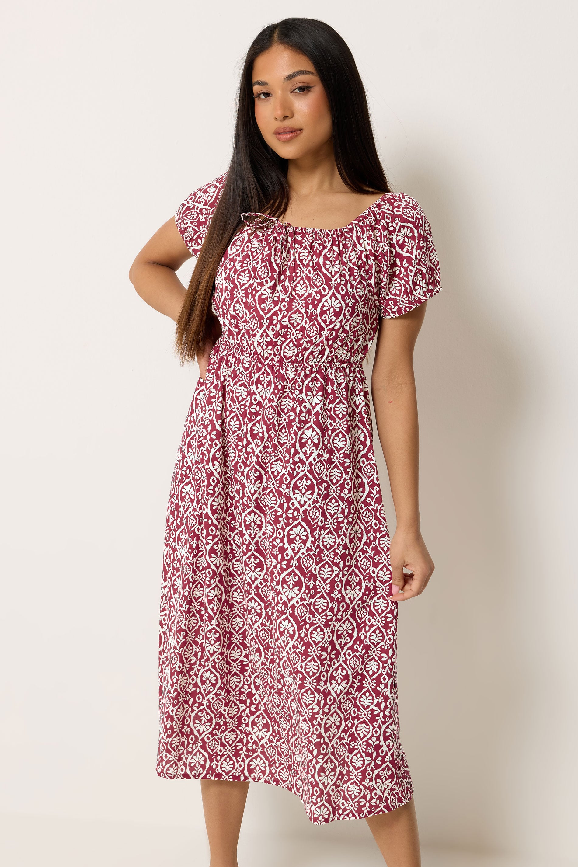 M&Co Petite Red Abstract Tie Neck Midi Dress | M&Co 3