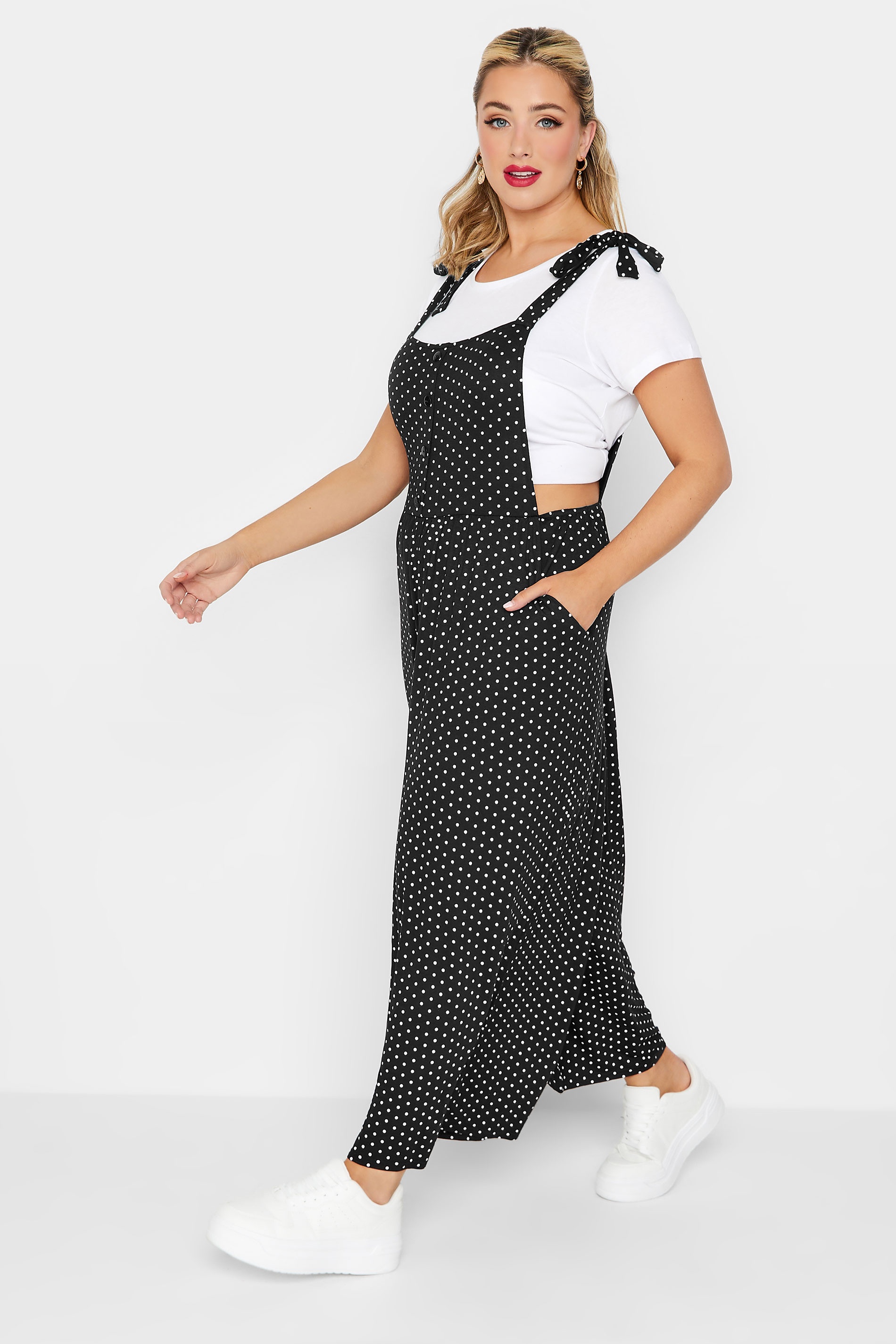LIMITED COLLECTION Plus Size Curve Black Polka Dot Culotte Dungarees | Yours Clothing  2