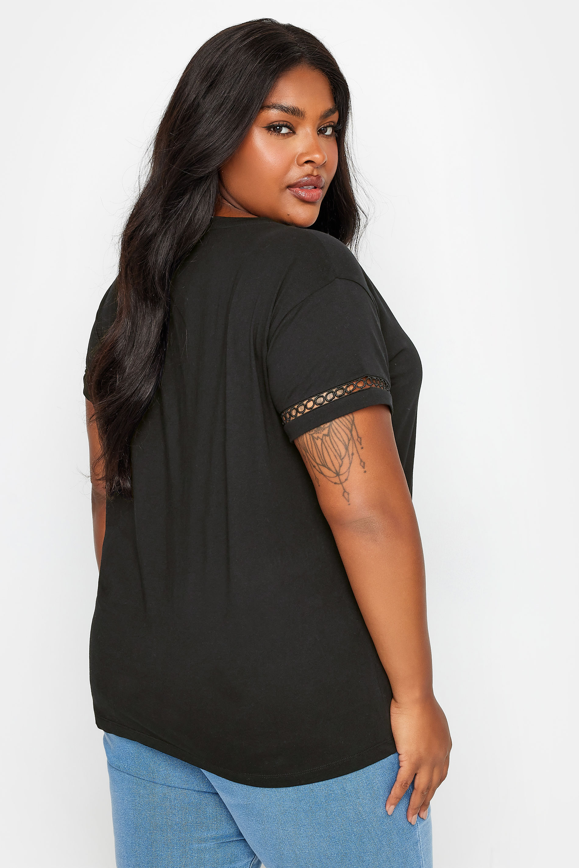 LIMITED COLLECTION Plus Size Black Crochet Trim Short Sleeve T-Shirt | Yours Clothing 3