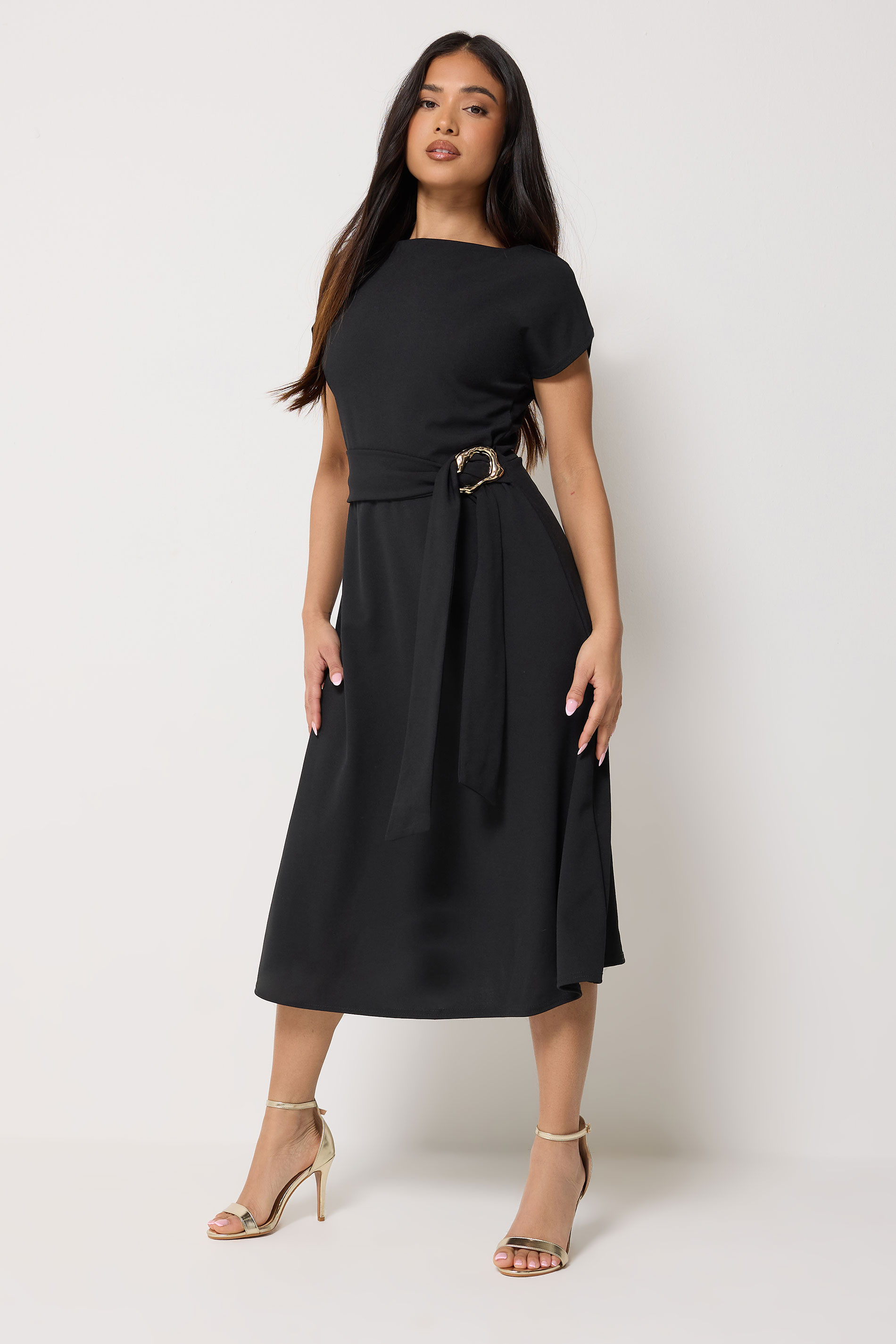 PixieGirl Petite Women's Black Buckle Midi Dress | PixieGirl 1