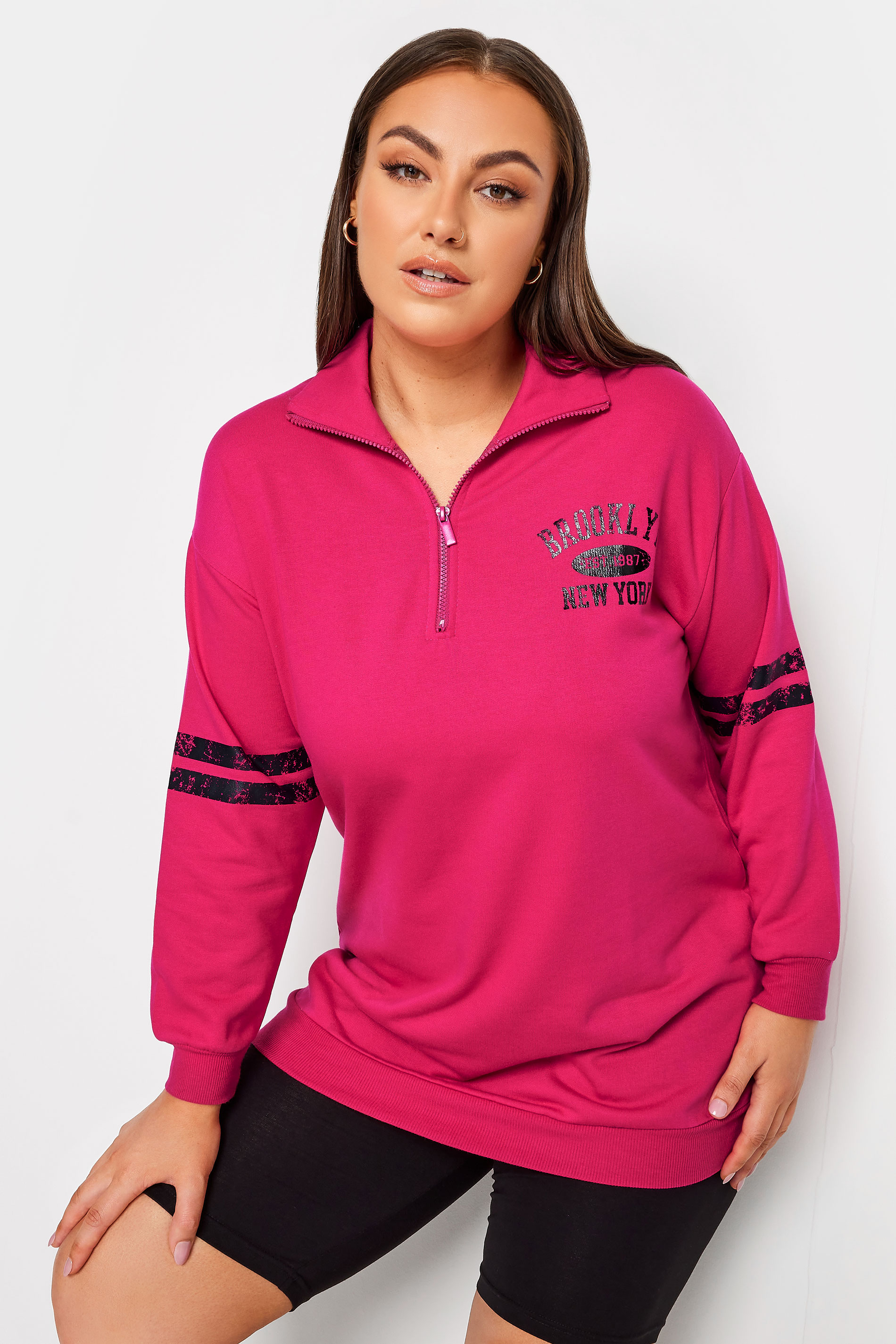 YOURS Plus Size Pink 'Brooklyn' Varsity Half Zip Sweatshirt | Yours Clothing 2