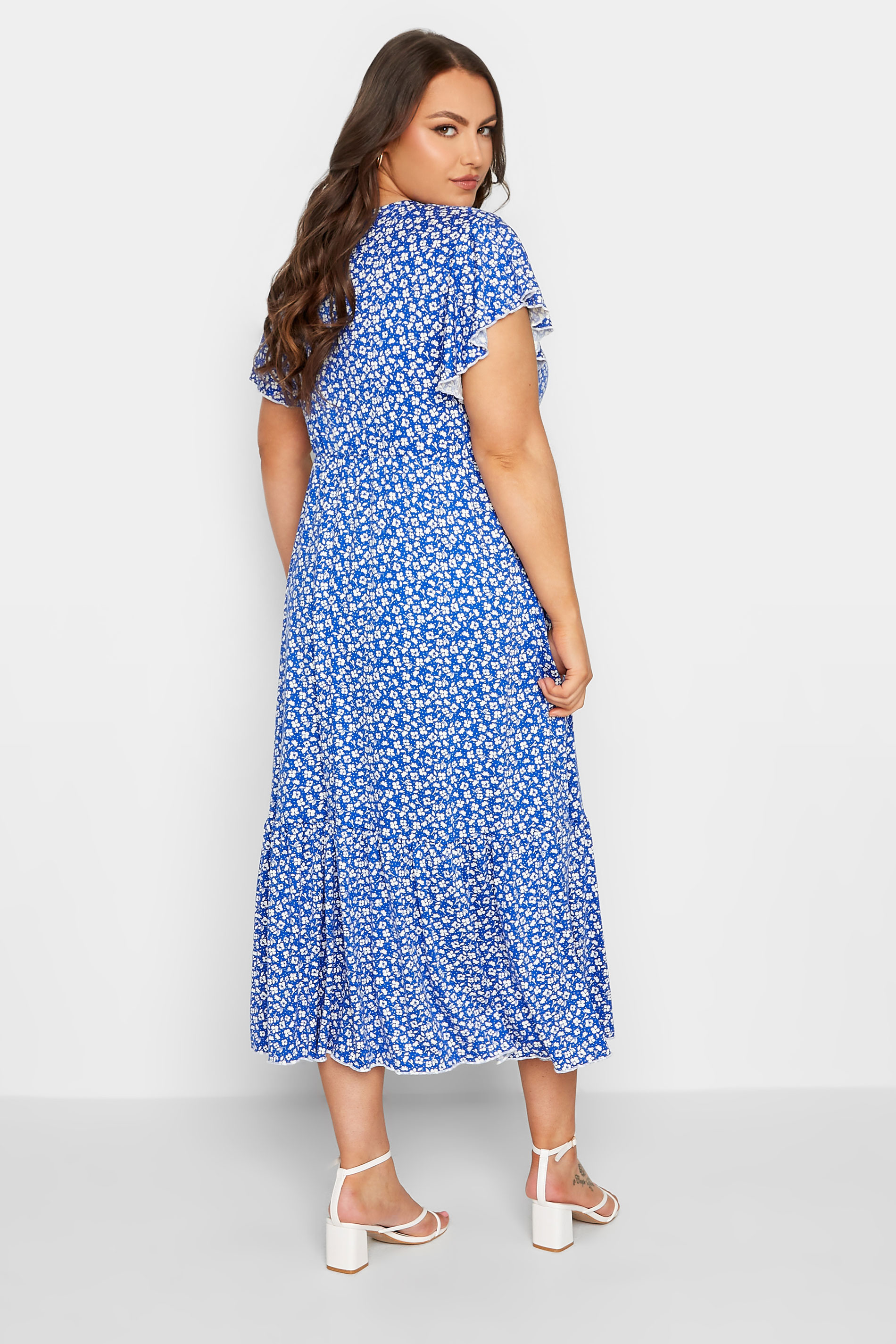 YOURS Plus Size Blue Ditsy Print Frill Sleeve Wrap Maxi Dress | Yours Clothing 3